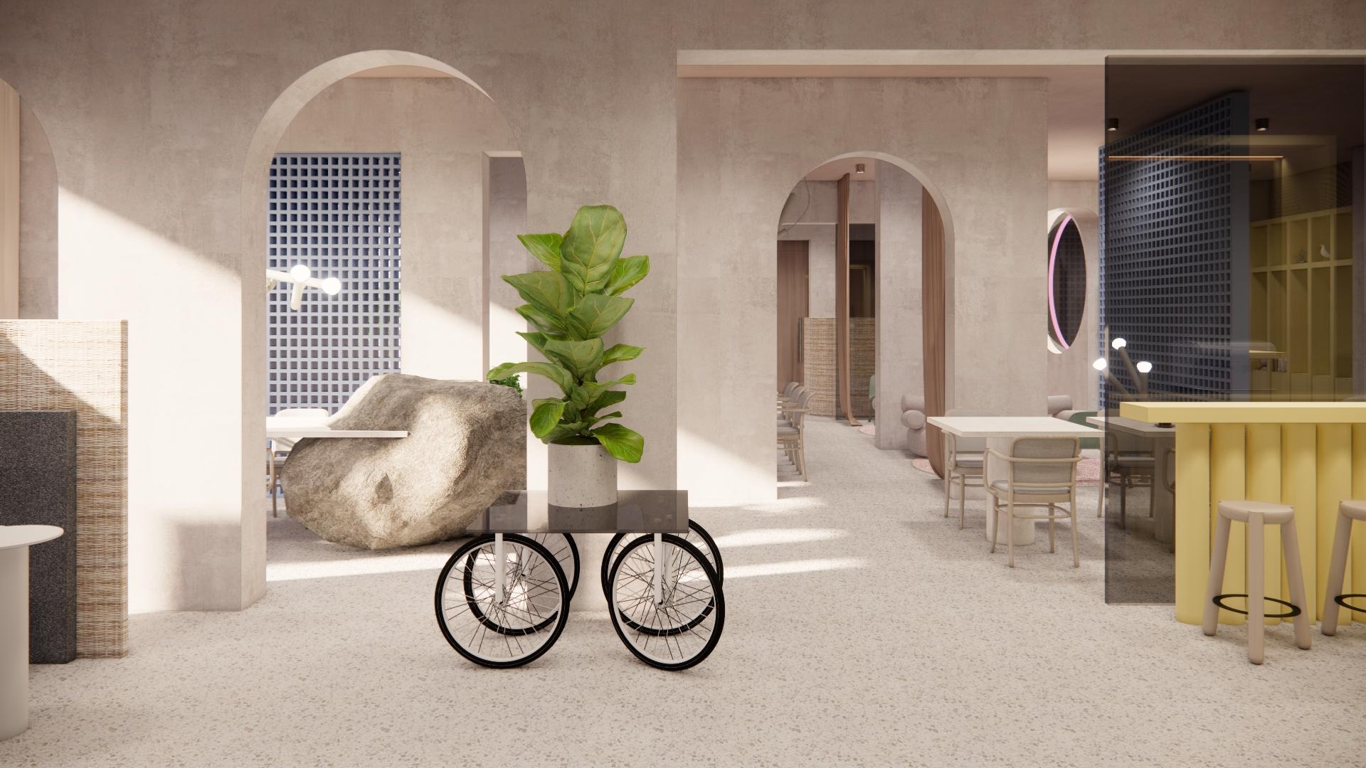 Modern co-living space featuring minimalist design elements, unique furniture, and a vibrant atmosphere, showcasing MONIKA Studio's innovative concept.