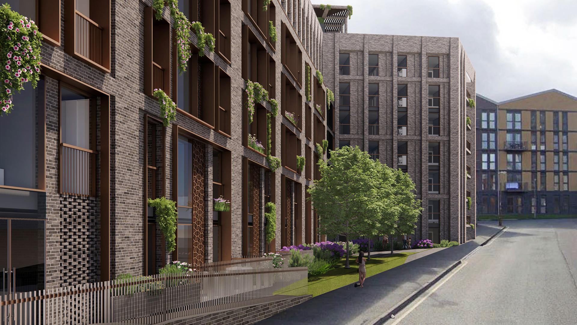 Modern residential buildings featuring sustainable design elements, greenery, and pedestrian pathways in a vibrant multi-purpose district.