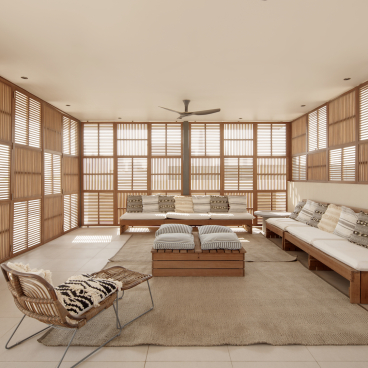 Stylish interior of Villa Jumeirah featuring wooden accents, cozy seating, and ambient natural light for a tranquil atmosphere.