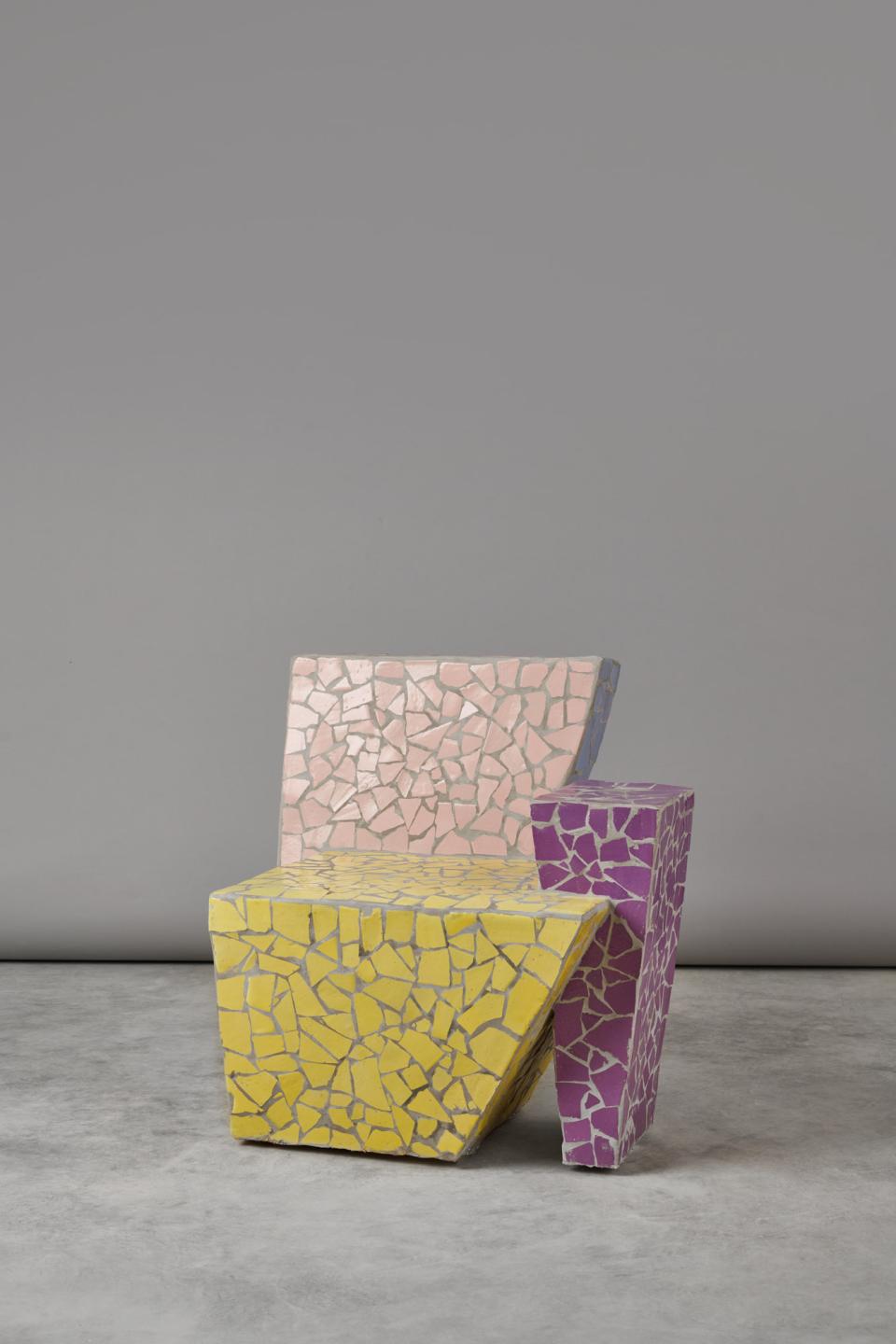 Colorful mosaic chairs inspired by friendship, designed as part of Mas Creations by Masquespacio's 3 Characters collection.