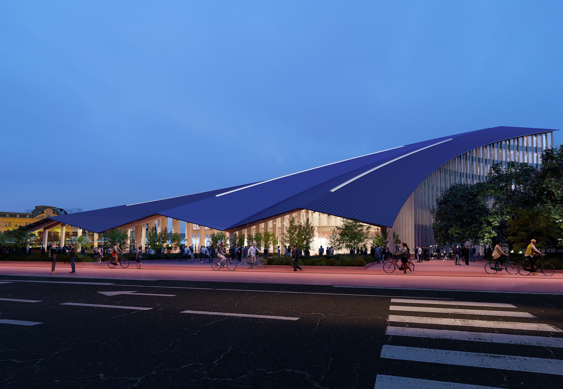 Modern bio-based mass timber transport hub design in Toulouse featuring a striking curved roof and vibrant public space.