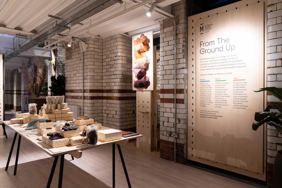 Exhibition display showcasing innovative biomaterials at Material Source Studio for the 