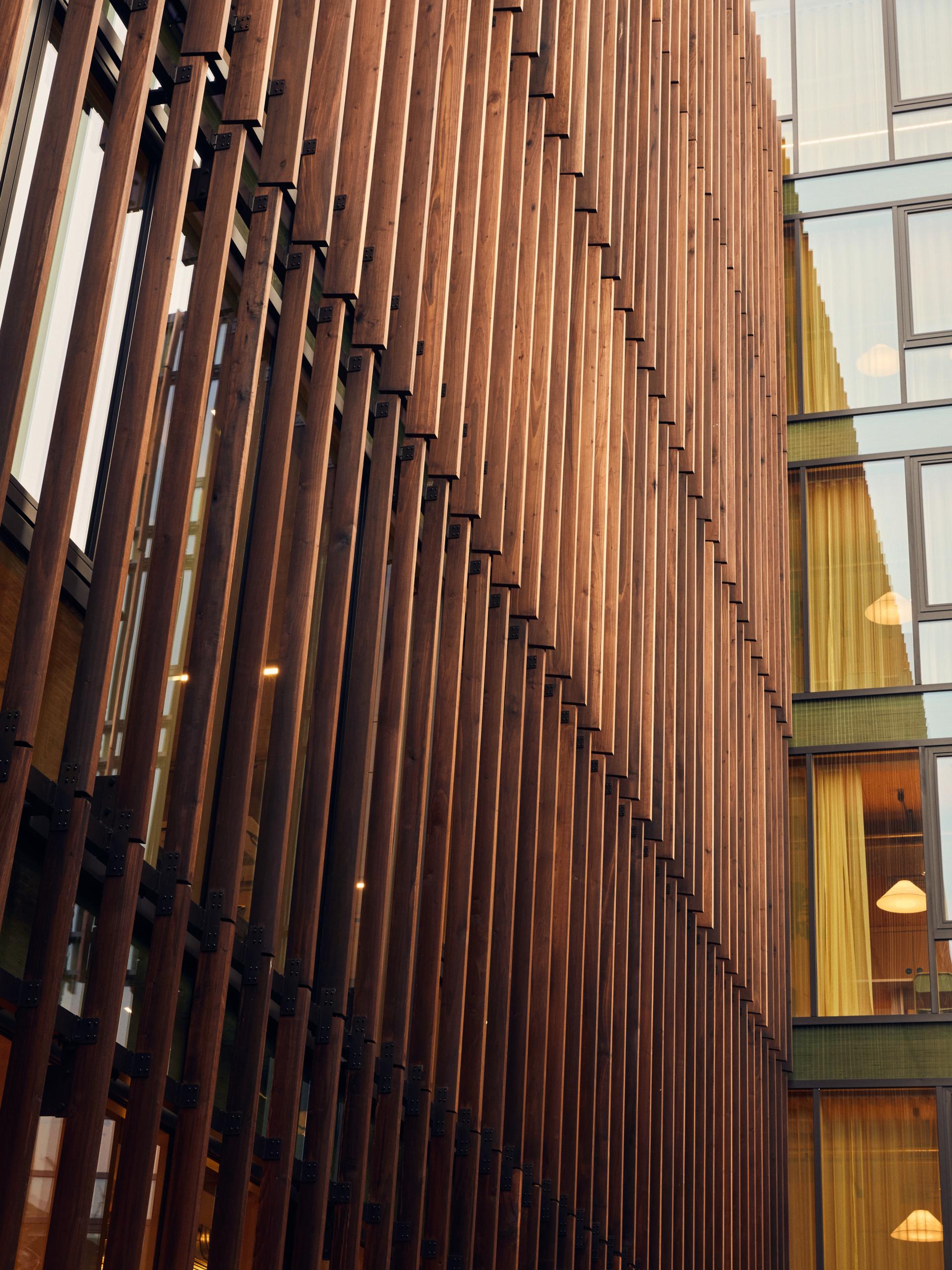 Sustainable timber facade of the Black & White Building, showcasing modern architecture and eco-friendly design elements.