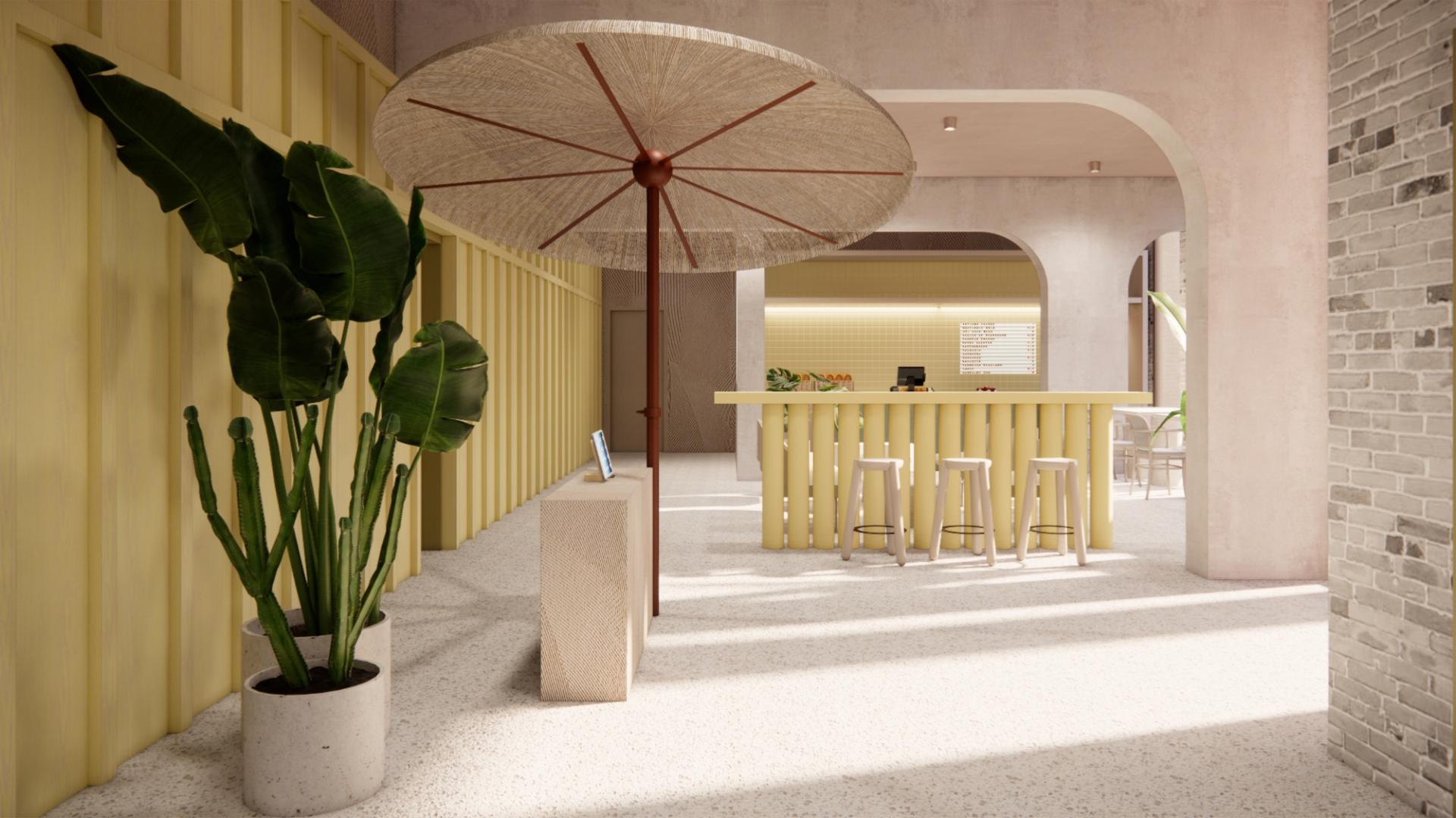 Modern co-living space featuring a vibrant bar area, tropical plants, and stylish decor by MONIKA Studio.