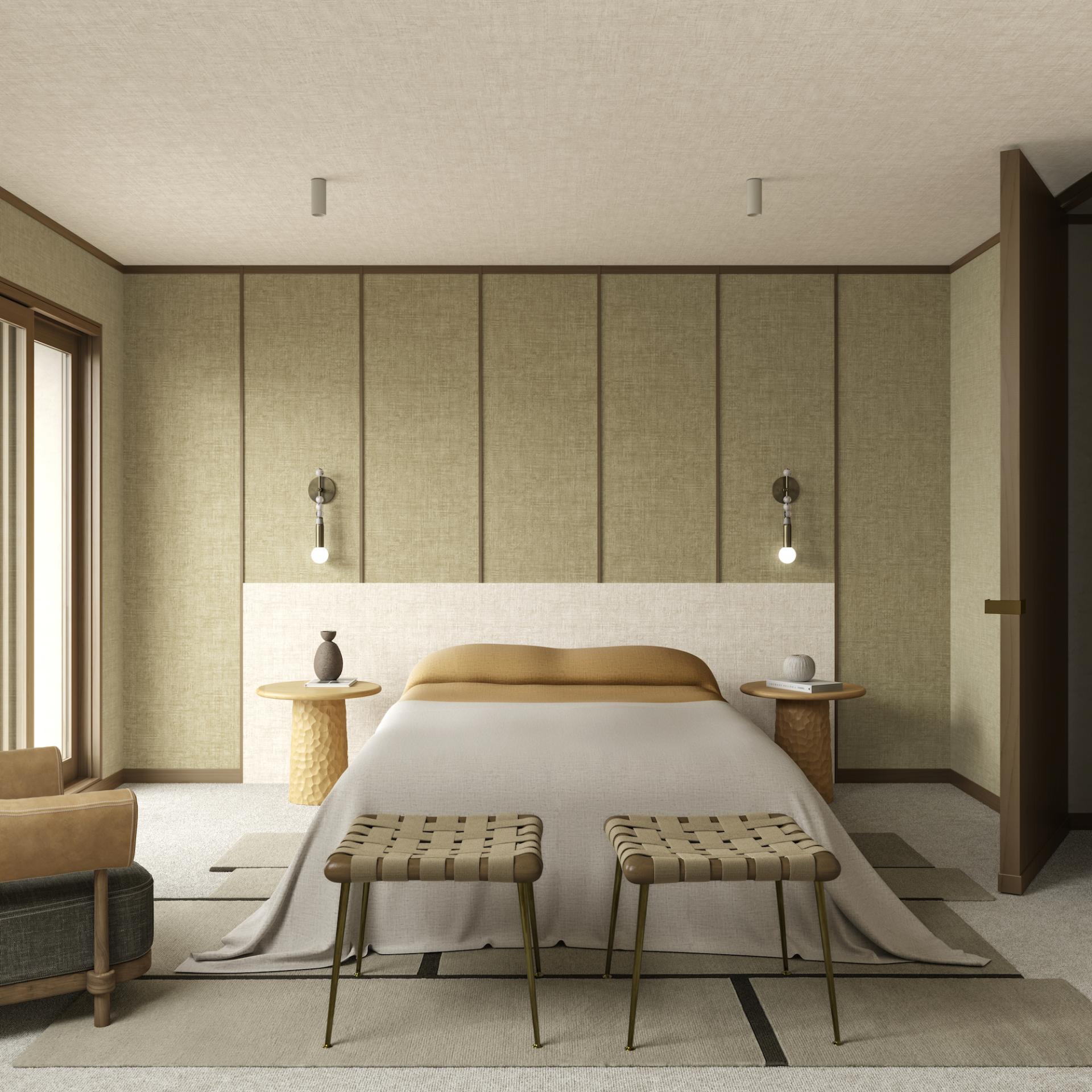 Modern bedroom featuring Arte's Brushed Suede and Washed Linen wallcoverings, highlighting a serene autumnal aesthetic.