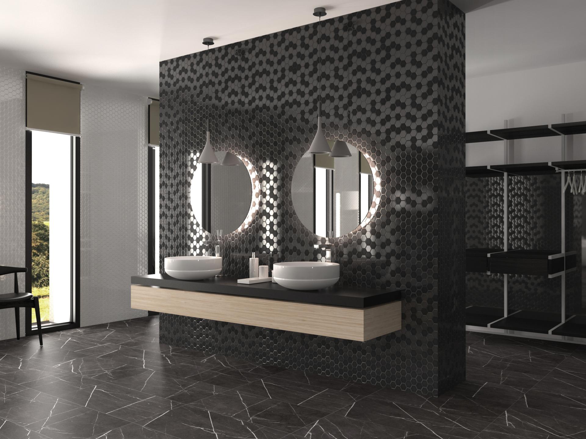 Stylish bathroom design featuring hexagonal tiles, modern sinks, and elegant lighting reflecting material innovation at Surface Design Show 2023.