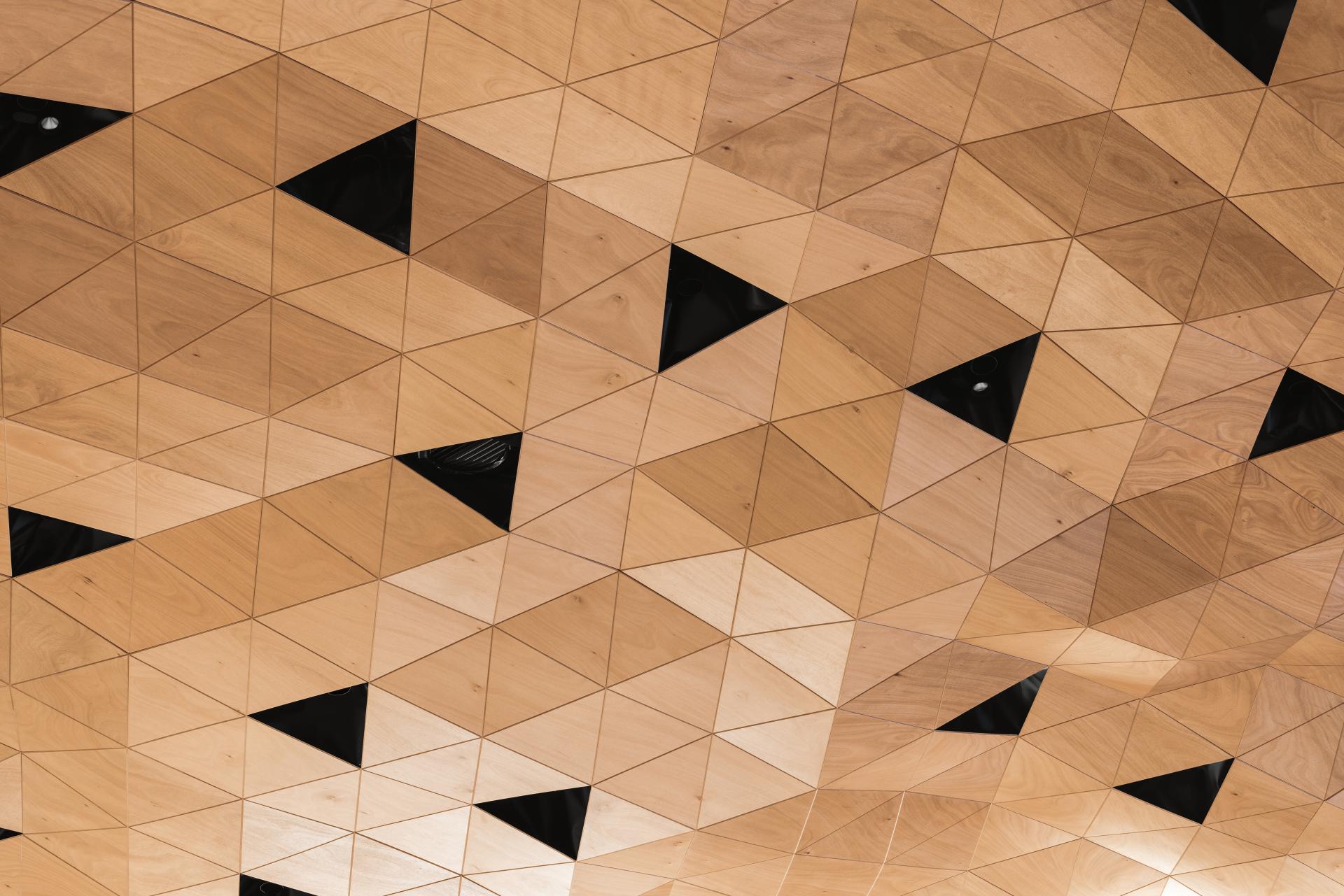 Wooden triangular panels adorn the ceiling of the United Nations Assembly Hall, showcasing innovative WOOD-SKIN design elements.
