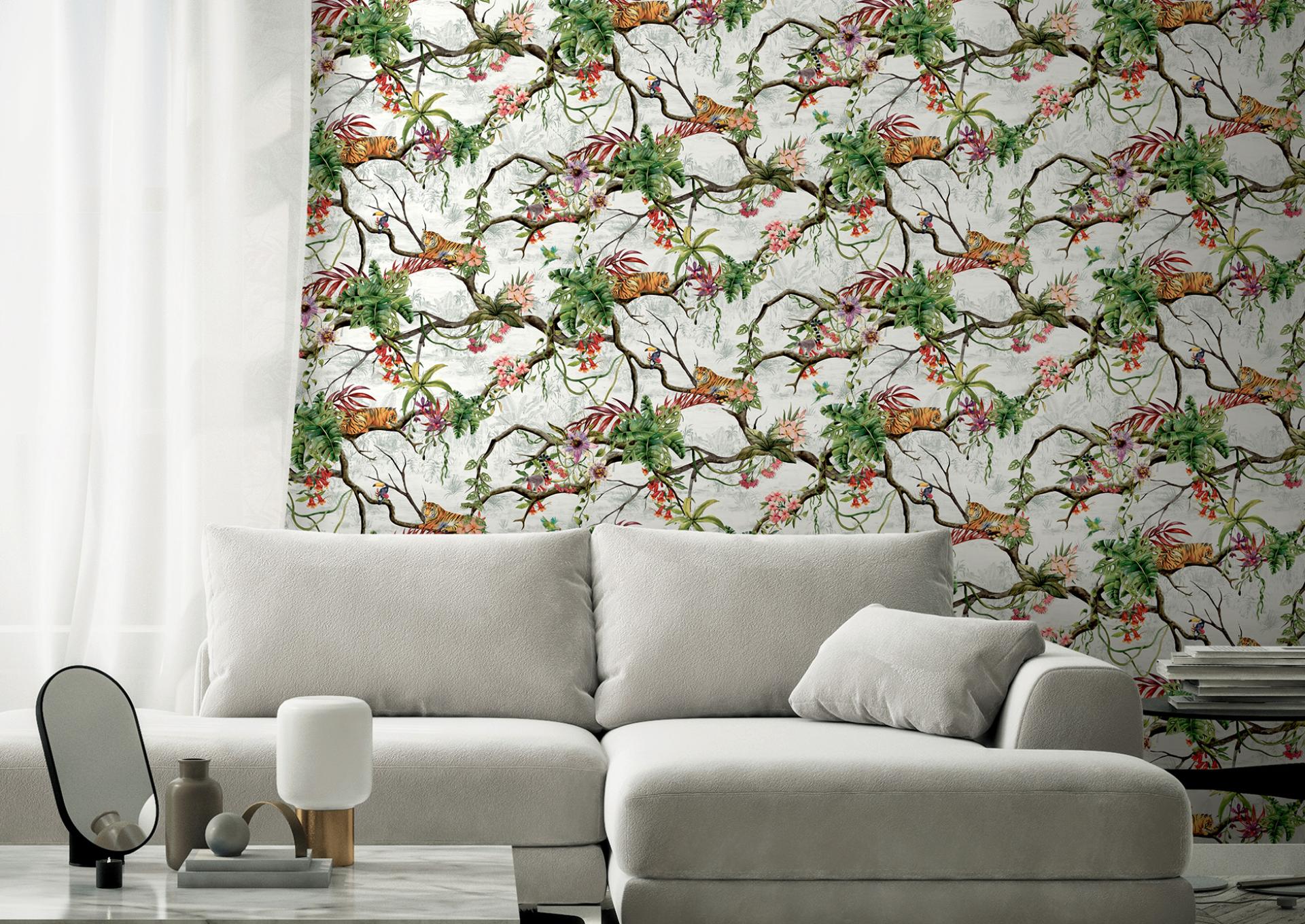 Vibrant nature-inspired wallcovering featuring tigers and tropical foliage, enhancing modern interior design aesthetics.