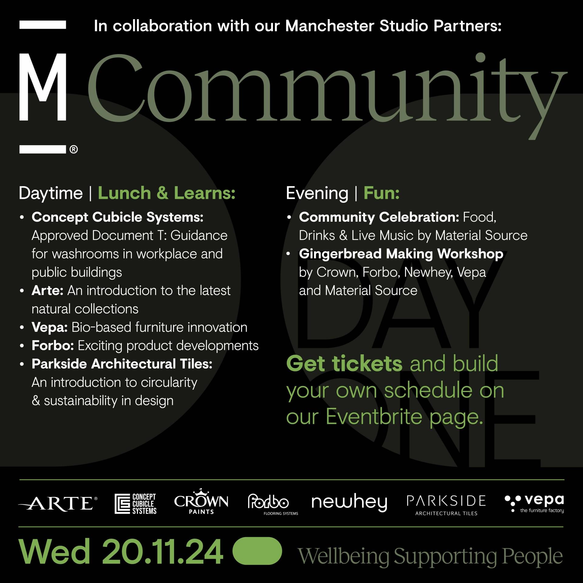 Join us for Community festival schedule highlighting workshops and evening events at Material Source Studio Manchester.