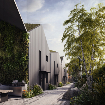 Sustainable residential development at Orford Mews in East London, featuring modern architecture and lush landscaping.