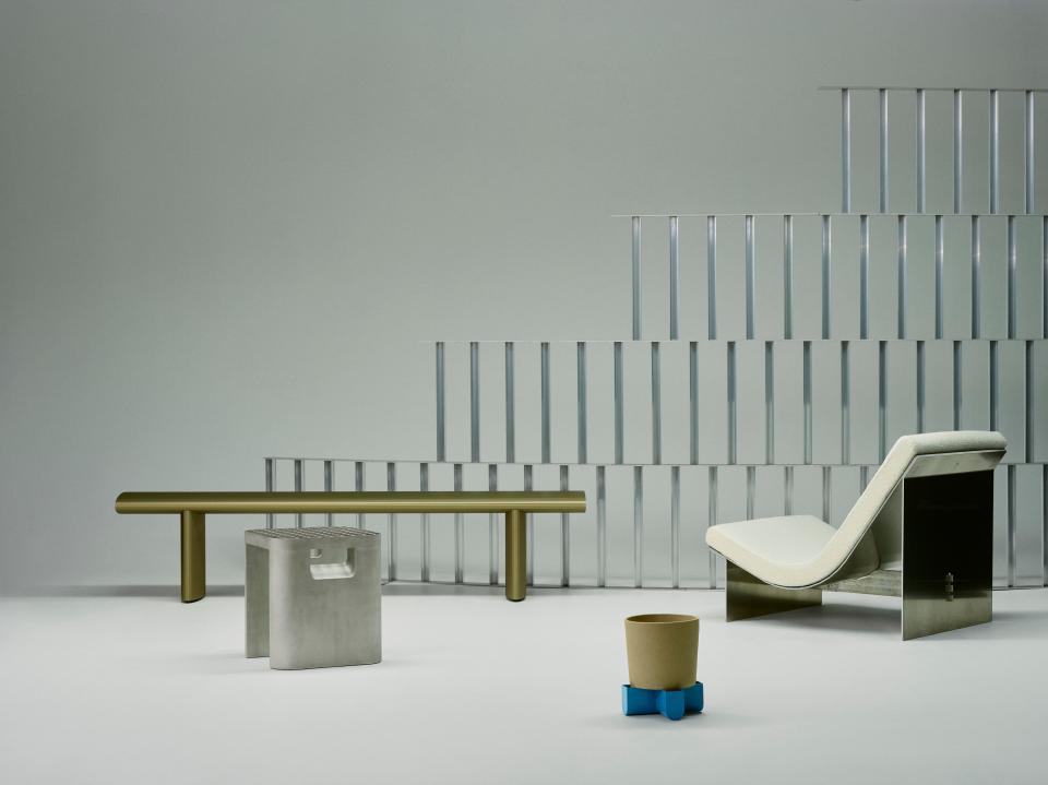 Innovative furniture display featuring sustainable materials, showcasing Norwegian design at Milan Design Week 2023.