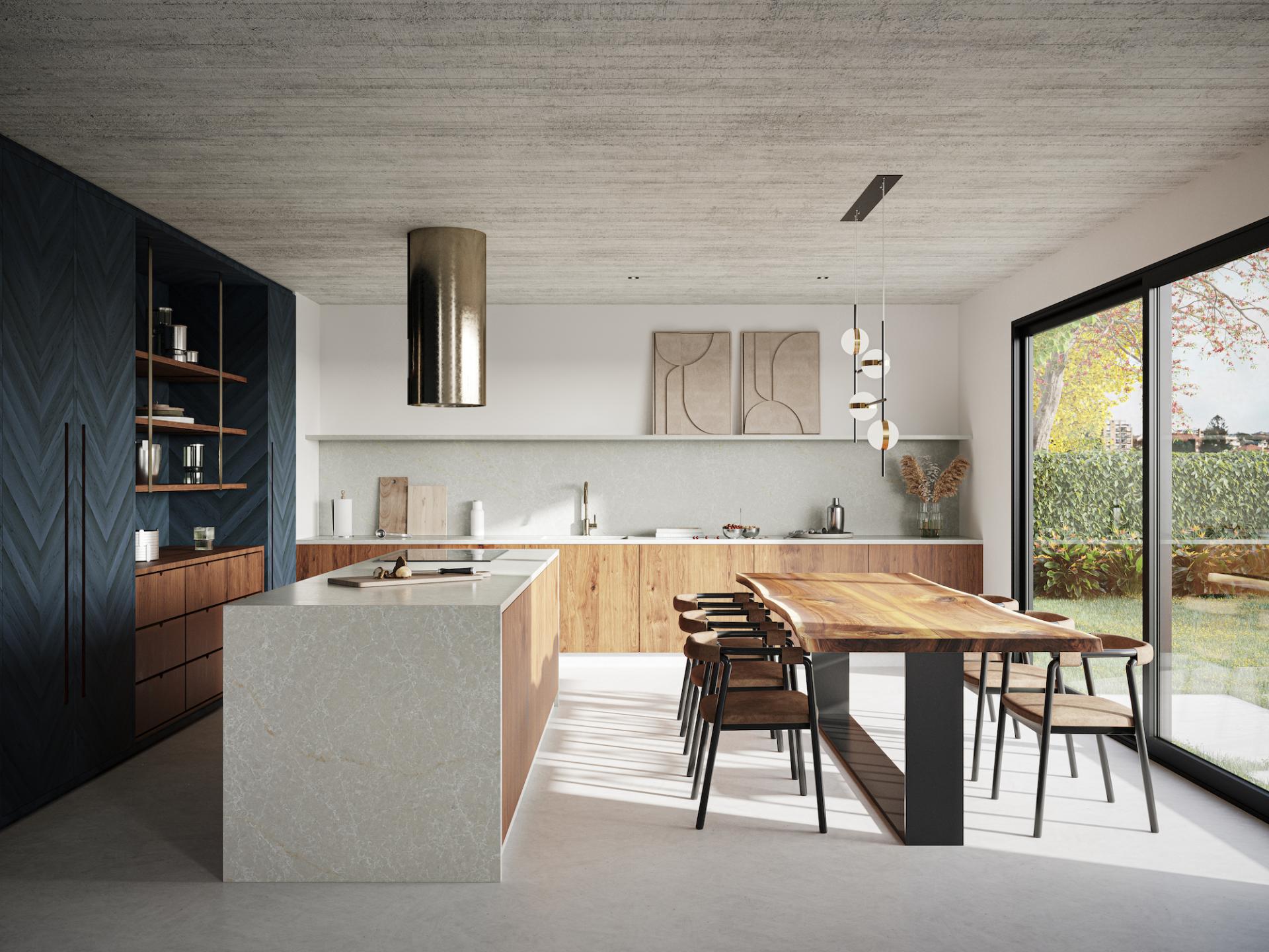 Modern kitchen showcasing Caesarstone's Time collection, featuring natural stone surfaces, wooden cabinetry, and a spacious dining area.