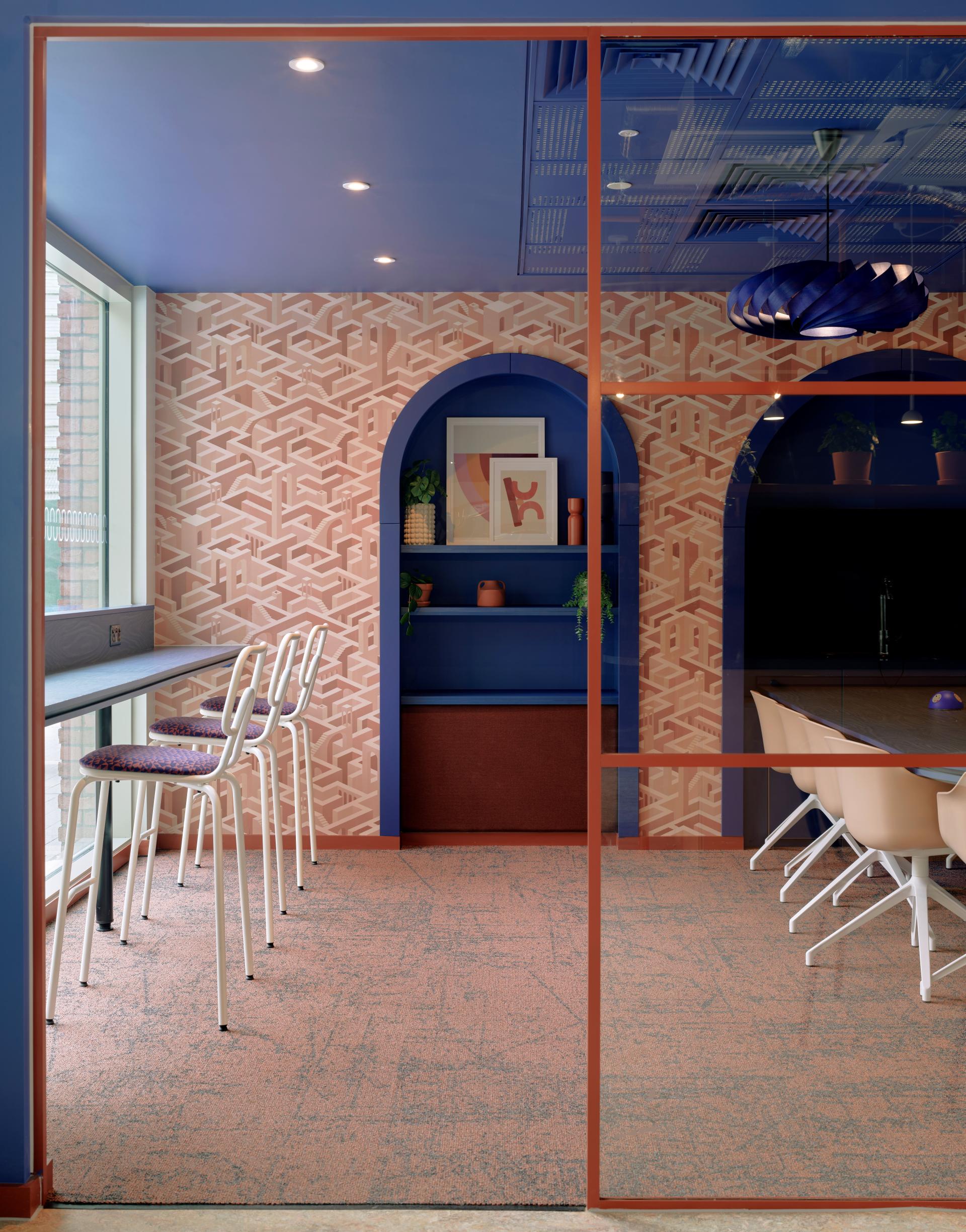 Modern interior design of Enso co-living space in Colchester, featuring vibrant colors and contemporary architecture.