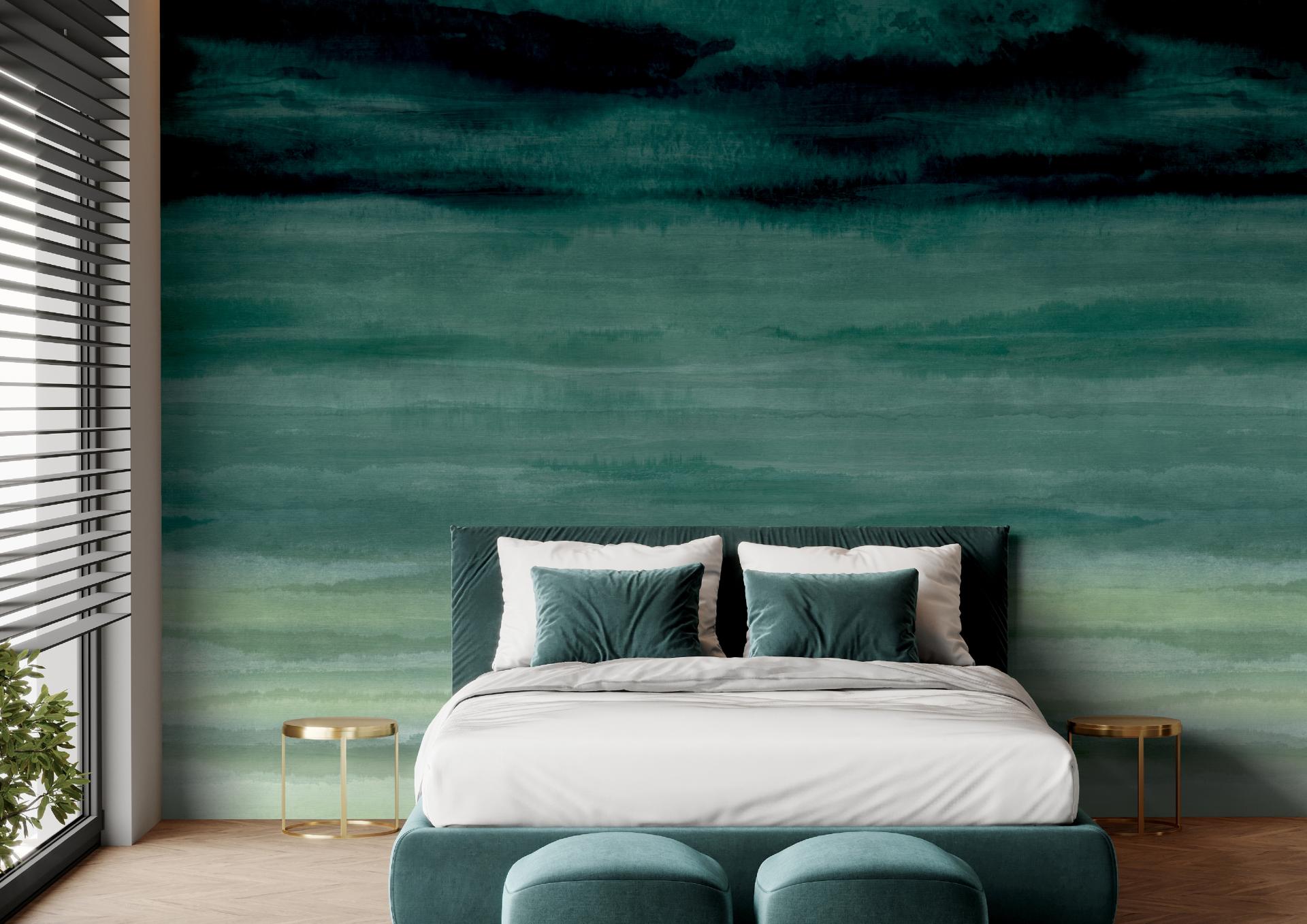 Ombre wallcovering in soothing greens enhances a modern bedroom with elegant decor and serene ambiance.
