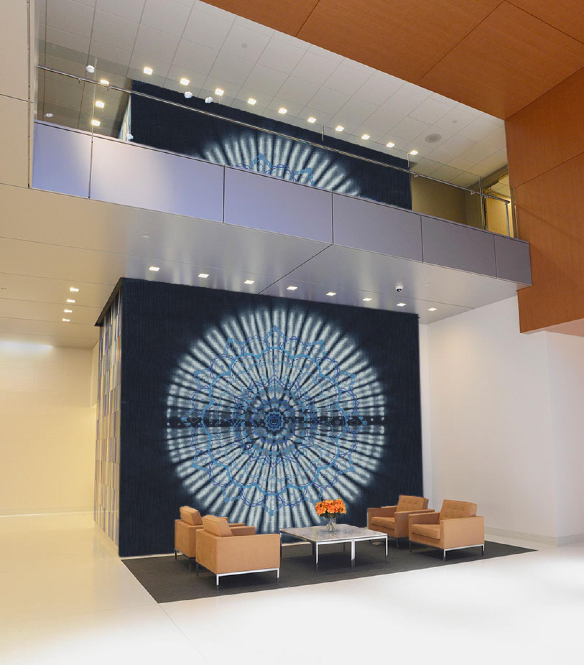 Vibrant textured mural on a modern wall in a spacious lobby, complementing contemporary furniture for the Surface Design Show.