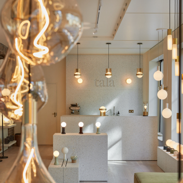 Bright Tala showroom featuring unique luxury lighting designs, with a stylish, modern aesthetic and sustainable materials.