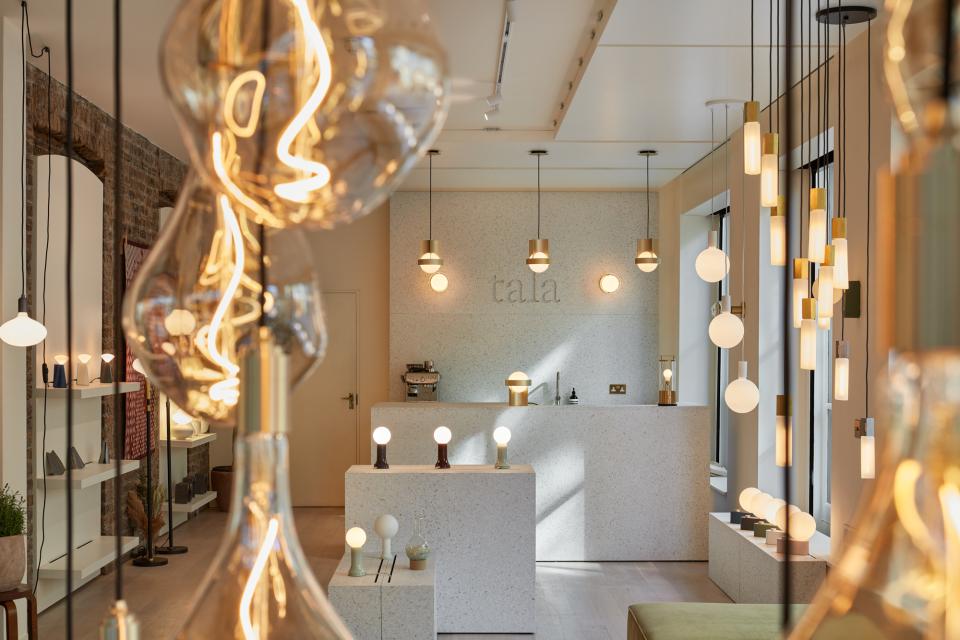 Bright Tala showroom featuring unique luxury lighting designs, with a stylish, modern aesthetic and sustainable materials.