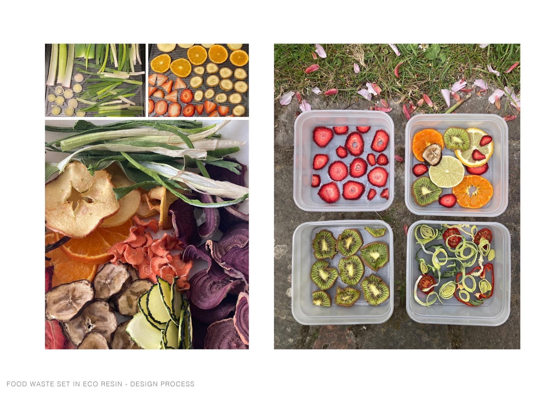 Dried fruit and vegetable waste arranged in containers, showcasing sustainable design practices in interior design.