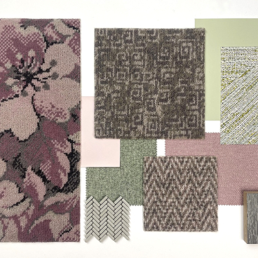 Bespoke carpet designs from Newhey Carpets showcasing floral patterns, textures, and color swatches on a neutral background.