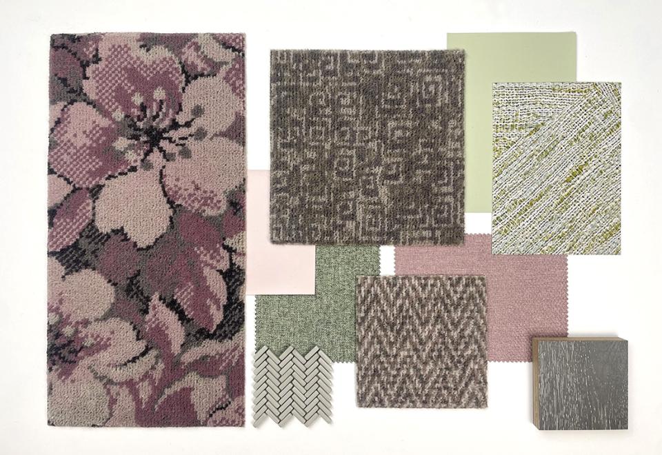 Bespoke carpet designs from Newhey Carpets showcasing floral patterns, textures, and color swatches on a neutral background.