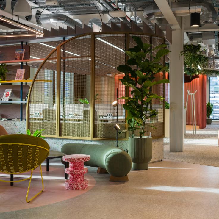 SpaceInvader's workplace scheme for Virgin Media O2 balances vibrancy with variety to support congregation and calm.