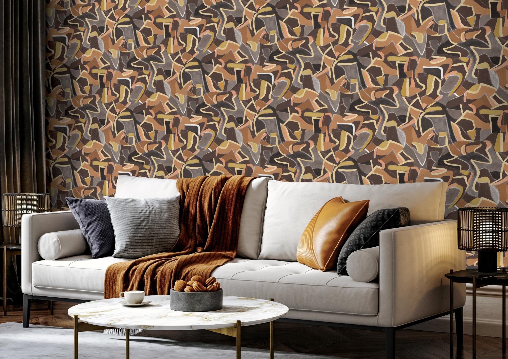 Stylish living room featuring Jan Erika's Ernö Collection wallpaper inspired by Trellick Tower, with modern furnishings and warm tones.