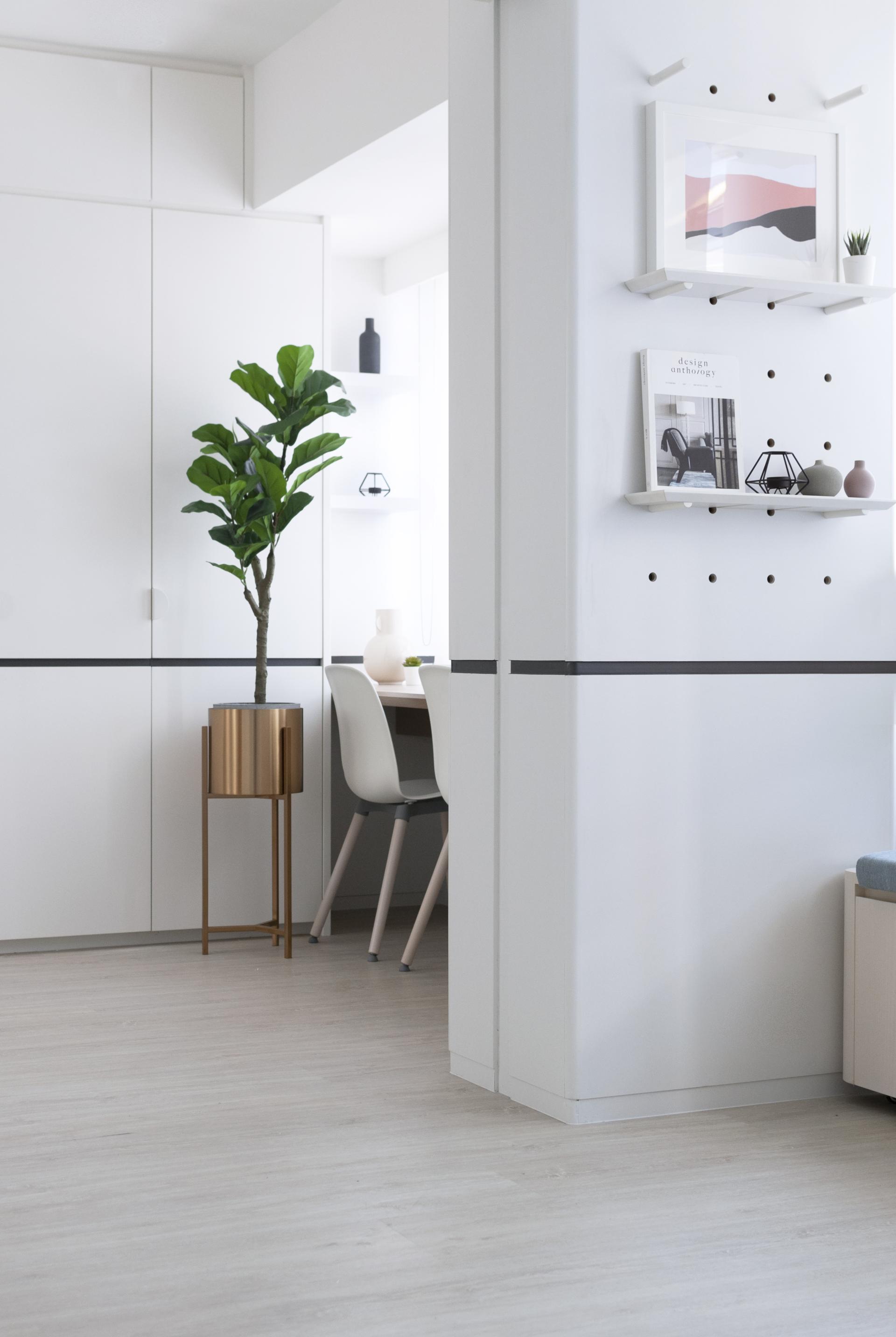 Contemporary Live+Work space featuring a potted plant, minimalist furniture, and artistic decor in a bright environment.