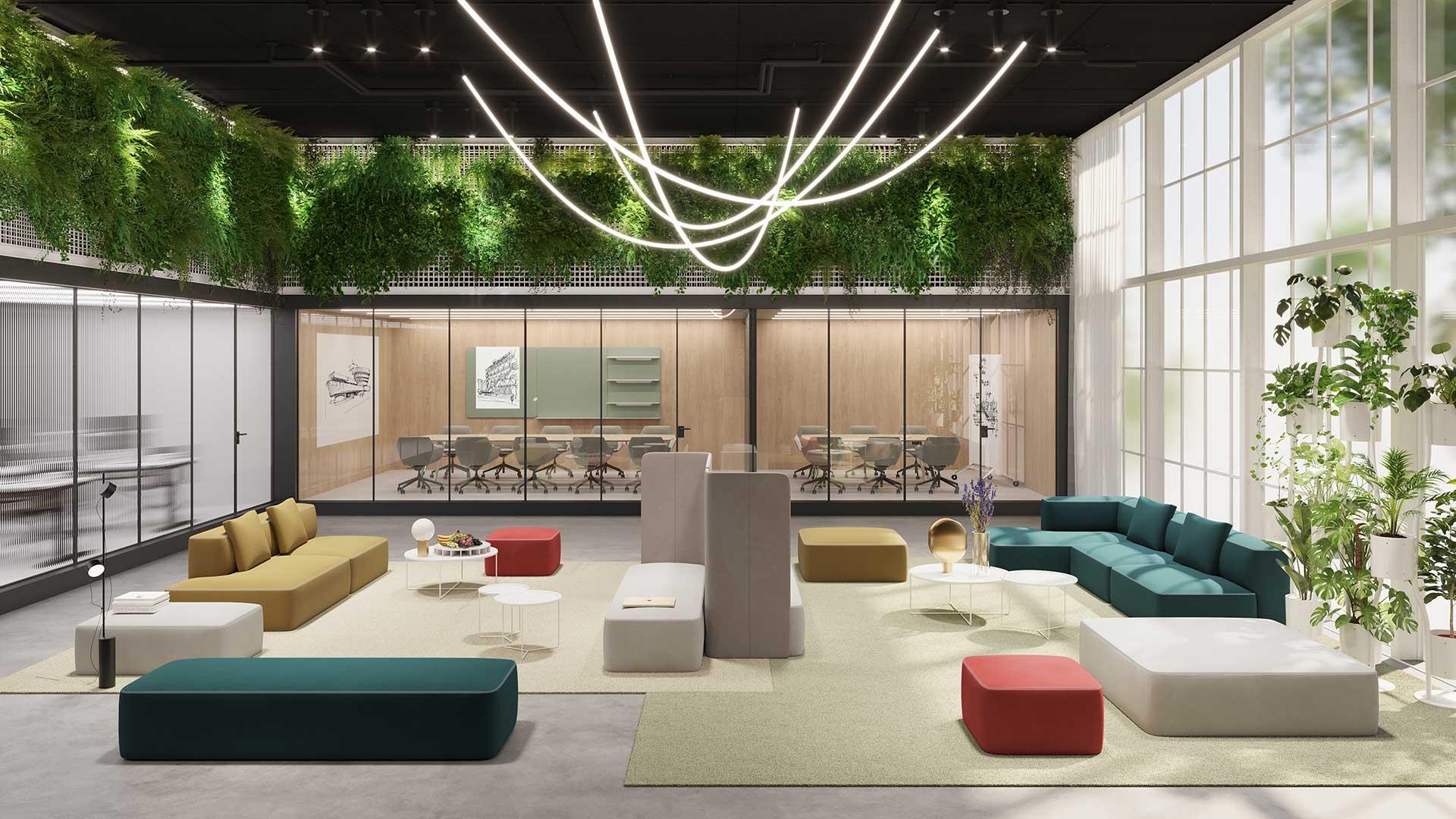 Modern office lounge area featuring vibrant seating, greenery, and contemporary design elements for the Material Source Studio.