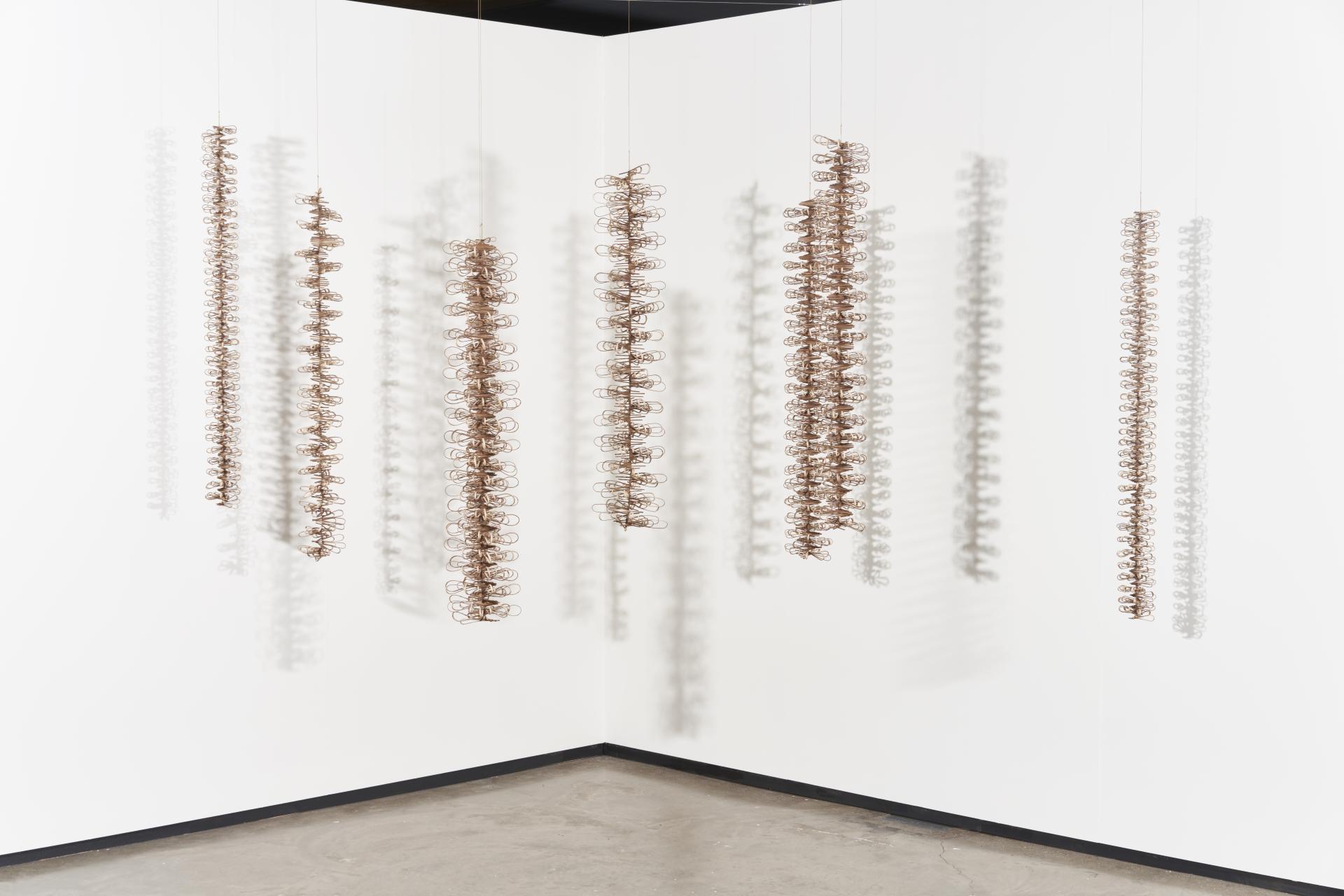 Hanging sculptures made of twisted wire represent the environmental impact of Scotland's native ash tree in Ash Rise exhibition.