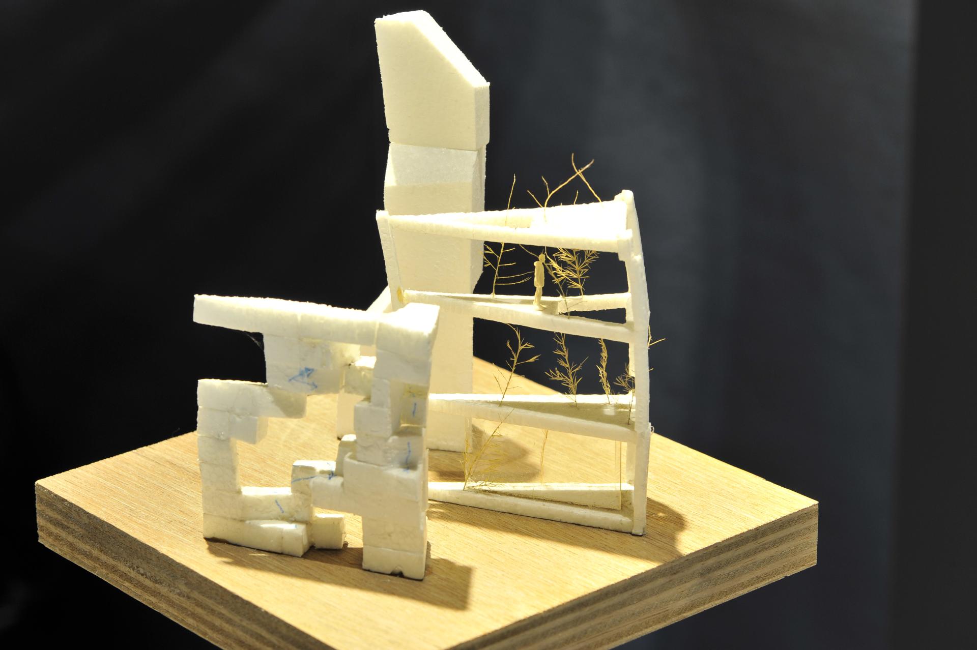 Model of an architectural design by Sou Fujimoto, showcasing innovative structures and integrated natural elements.