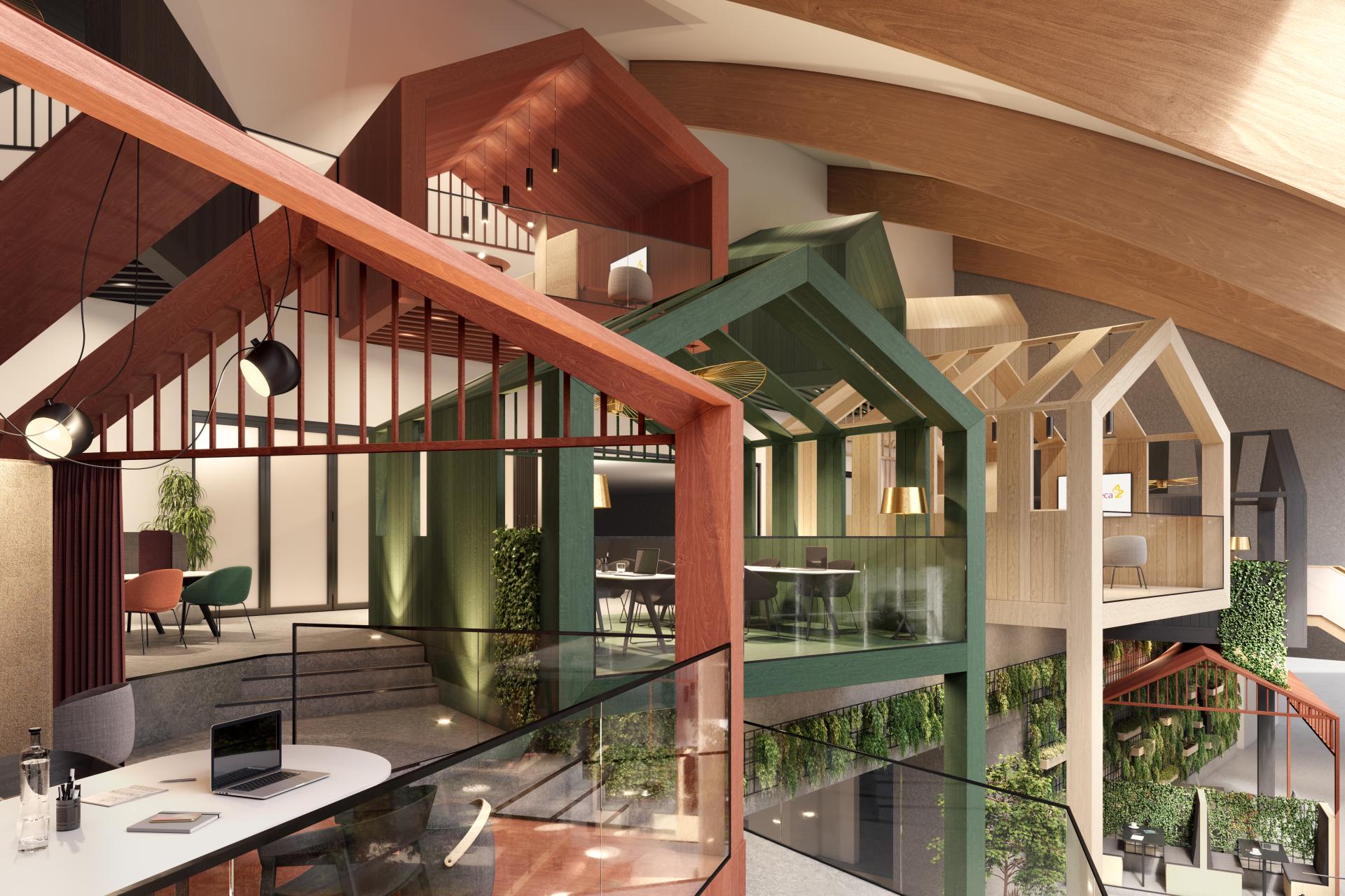 Modern interior design featuring unique, colorful office spaces resembling houses, highlighting creative work environments.