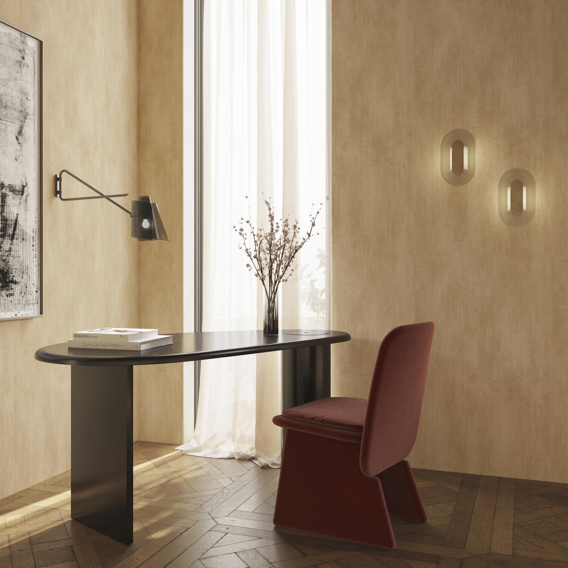 Elegant desk and chair in a room featuring Arte's autumnal Brushed Suede wallcovering, highlighting a warm, organic palette.