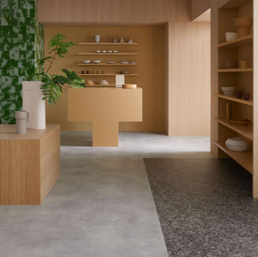 A retail display contains shelves and a counter