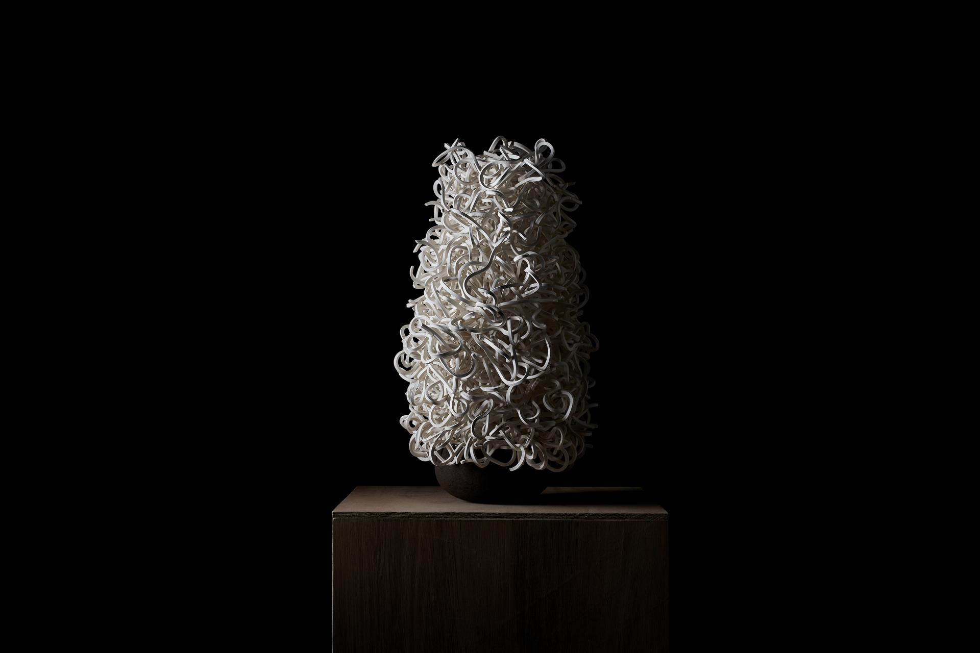 Textured ceramic sculpture with white, curled elements displayed on a wooden pedestal against a dark background.