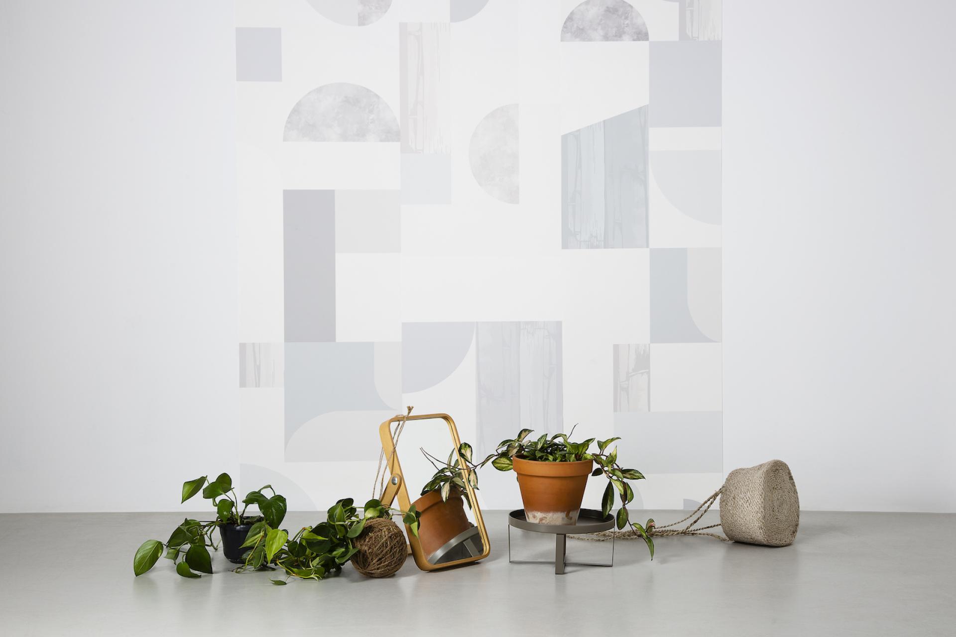 Contemporary wallpaper design featuring abstract patterns, complemented by potted plants and decorative mirrors for stylish interiors.