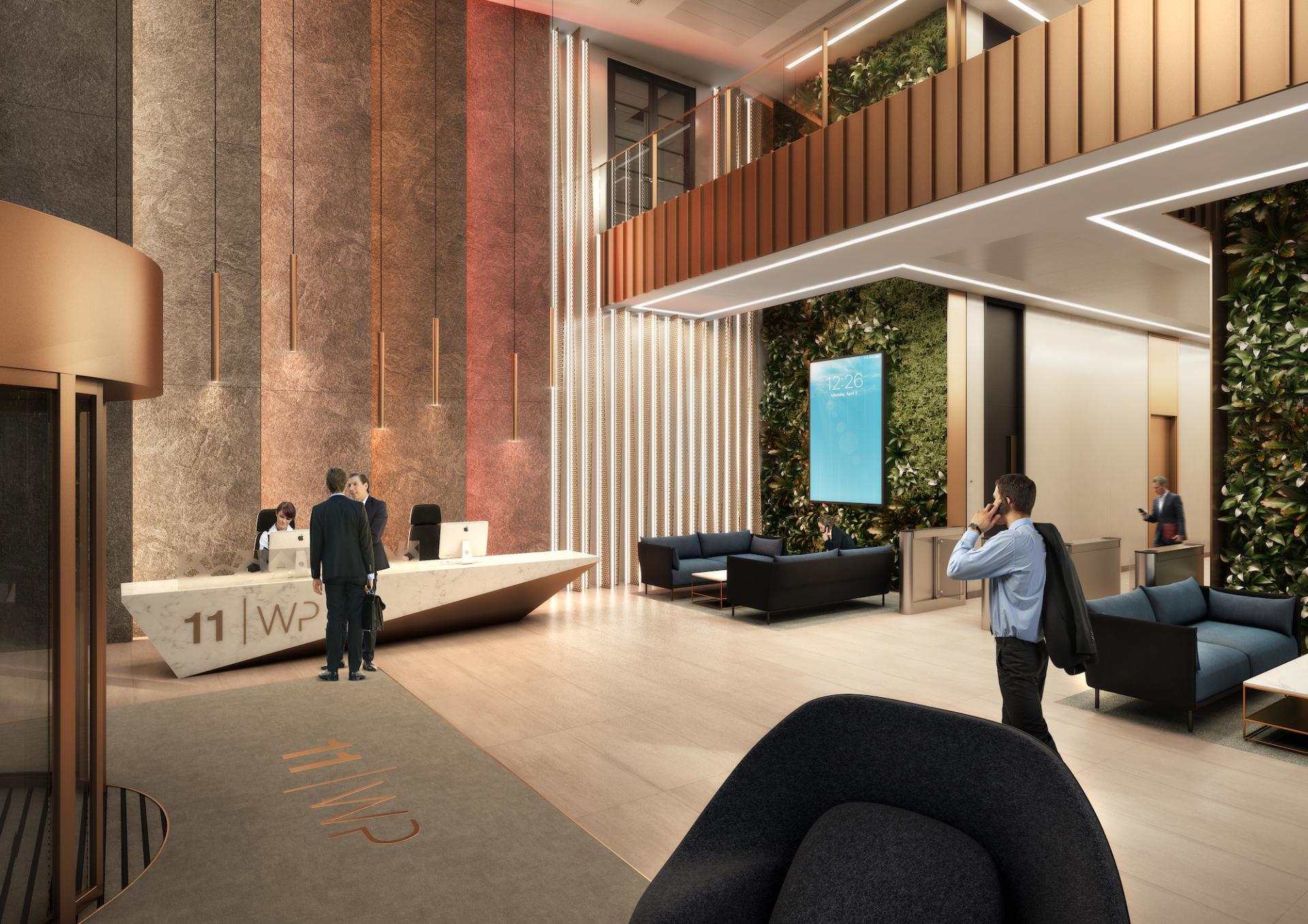 Modern reception area of 11 Wellington Place featuring sustainable design, greenery, and contemporary furnishings, highlighting TP Bennett's commitment to sustainability.