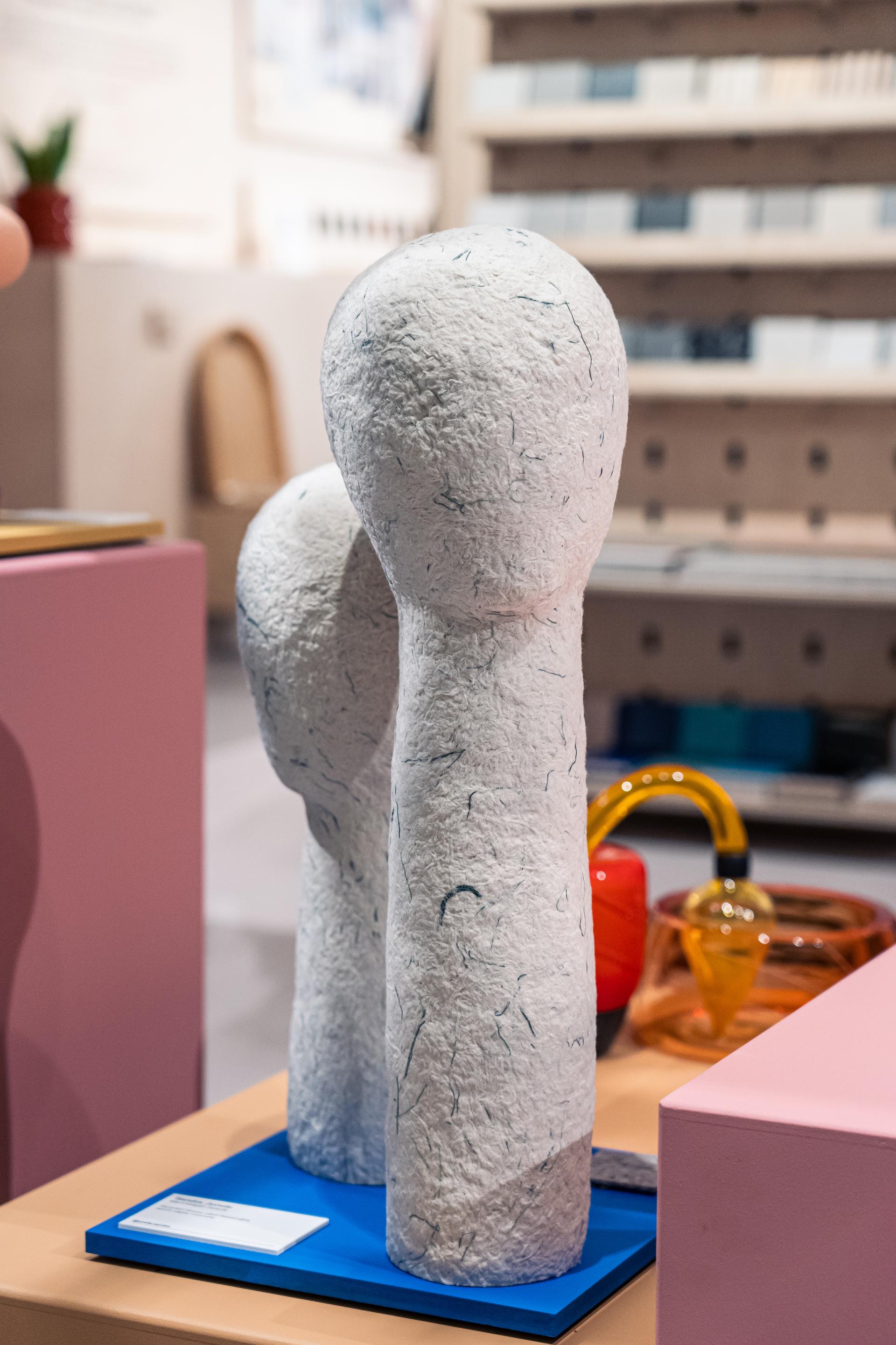 Sculptural design piece created from textured materials on display at the Makers in Residence showcase in Glasgow.