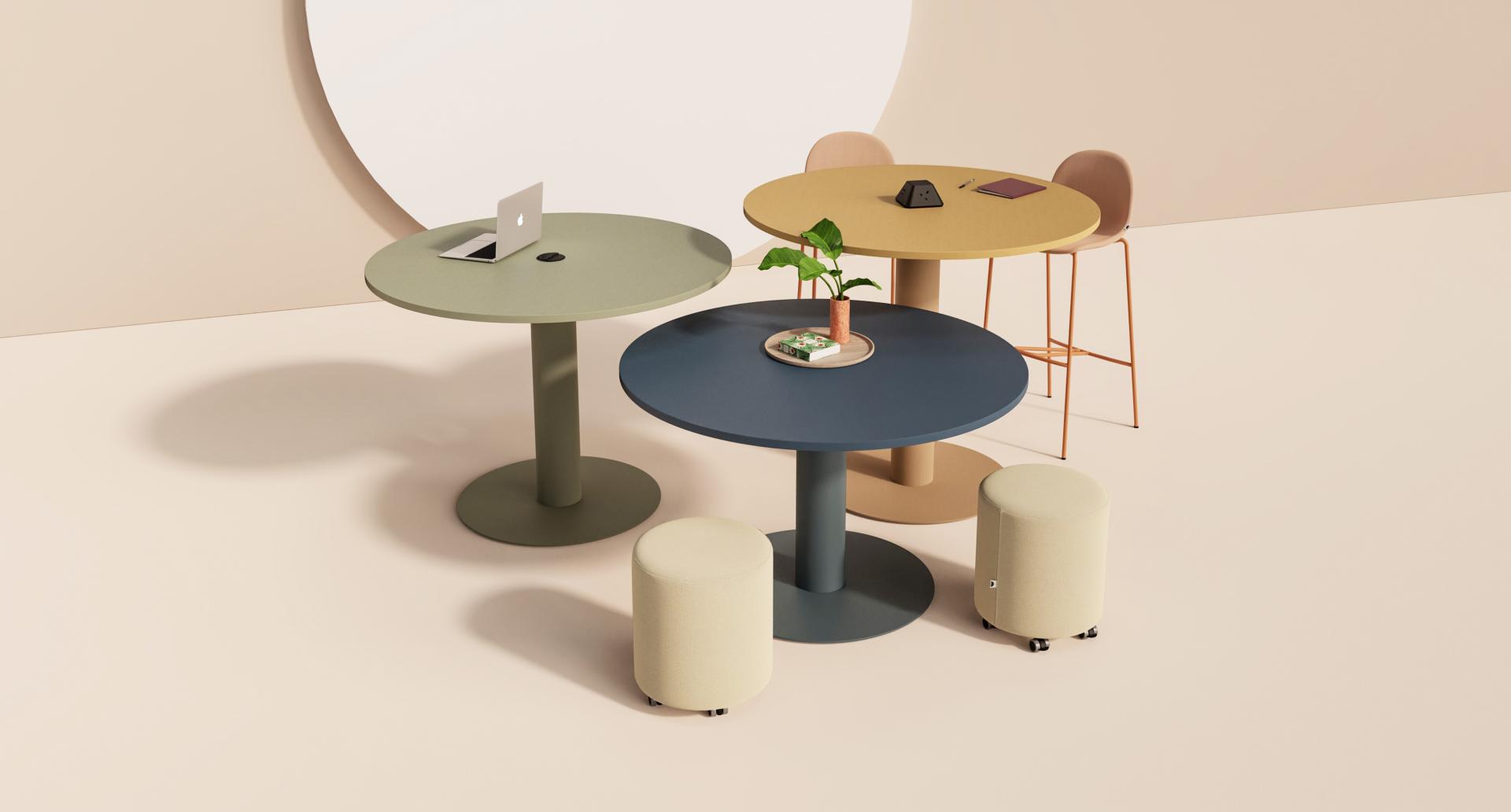 Modern Betto table collection by sixteen3 featuring colorful designs, stools, and workspaces for collaboration and social gatherings.