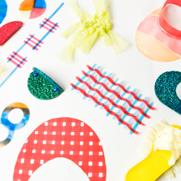 Colorful designs and shapes made from recycled plastic, showcasing Jessica den Hartog's innovative approach to sustainable fashion.