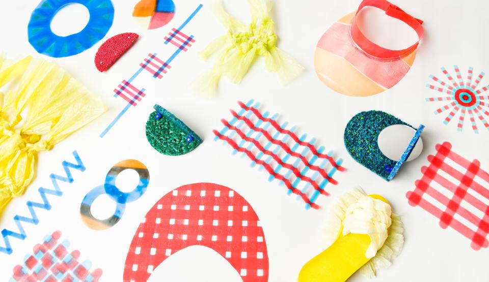 Colorful designs and shapes made from recycled plastic, showcasing Jessica den Hartog's innovative approach to sustainable fashion.