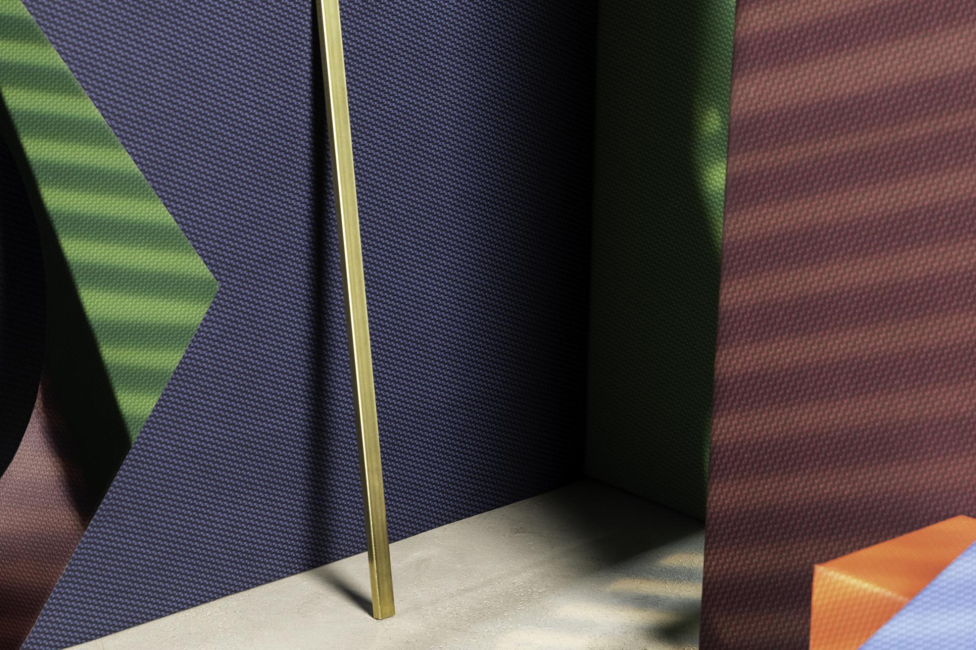 Textured, breathable performance textiles with vibrant colors showcased in a contemporary setting inspired by Bauhaus design principles.