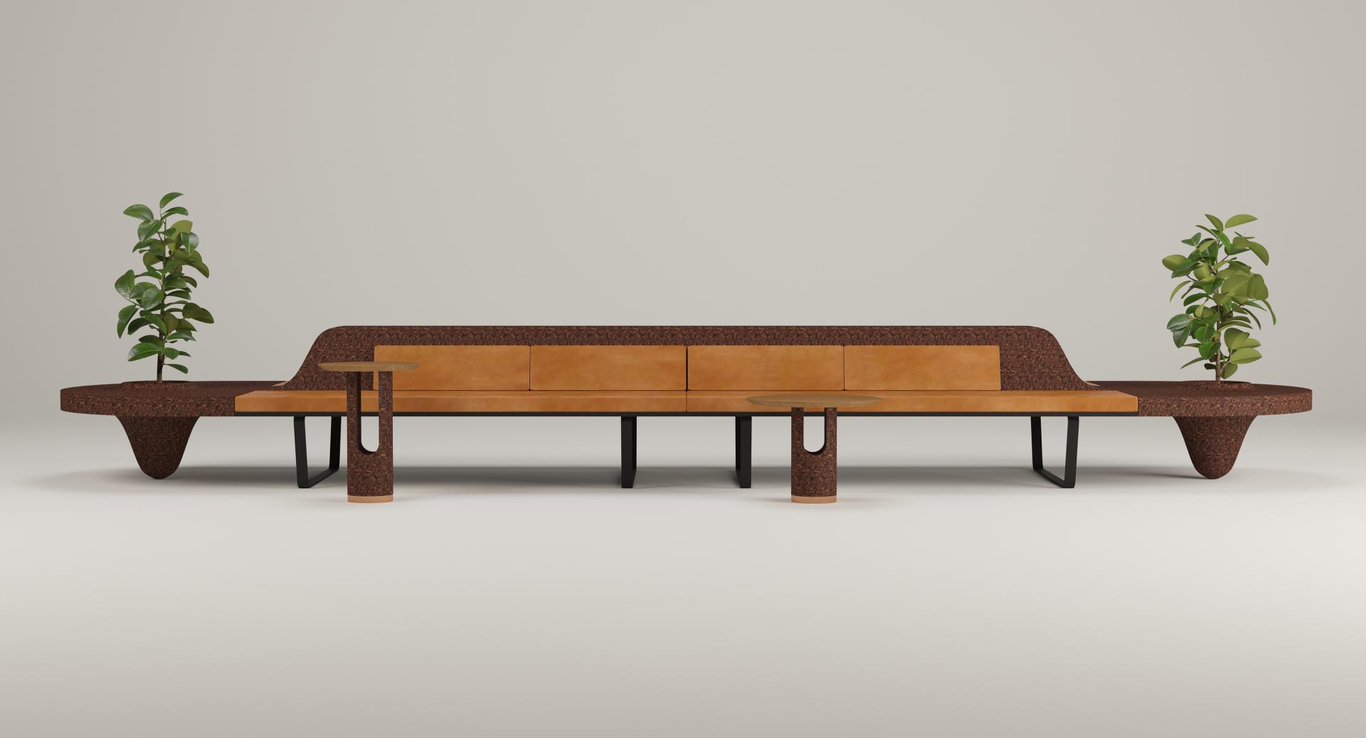 Stylish modern furniture featuring a brown sofa and unique side tables with greenery, showcasing innovative A&D design by TS-DS.