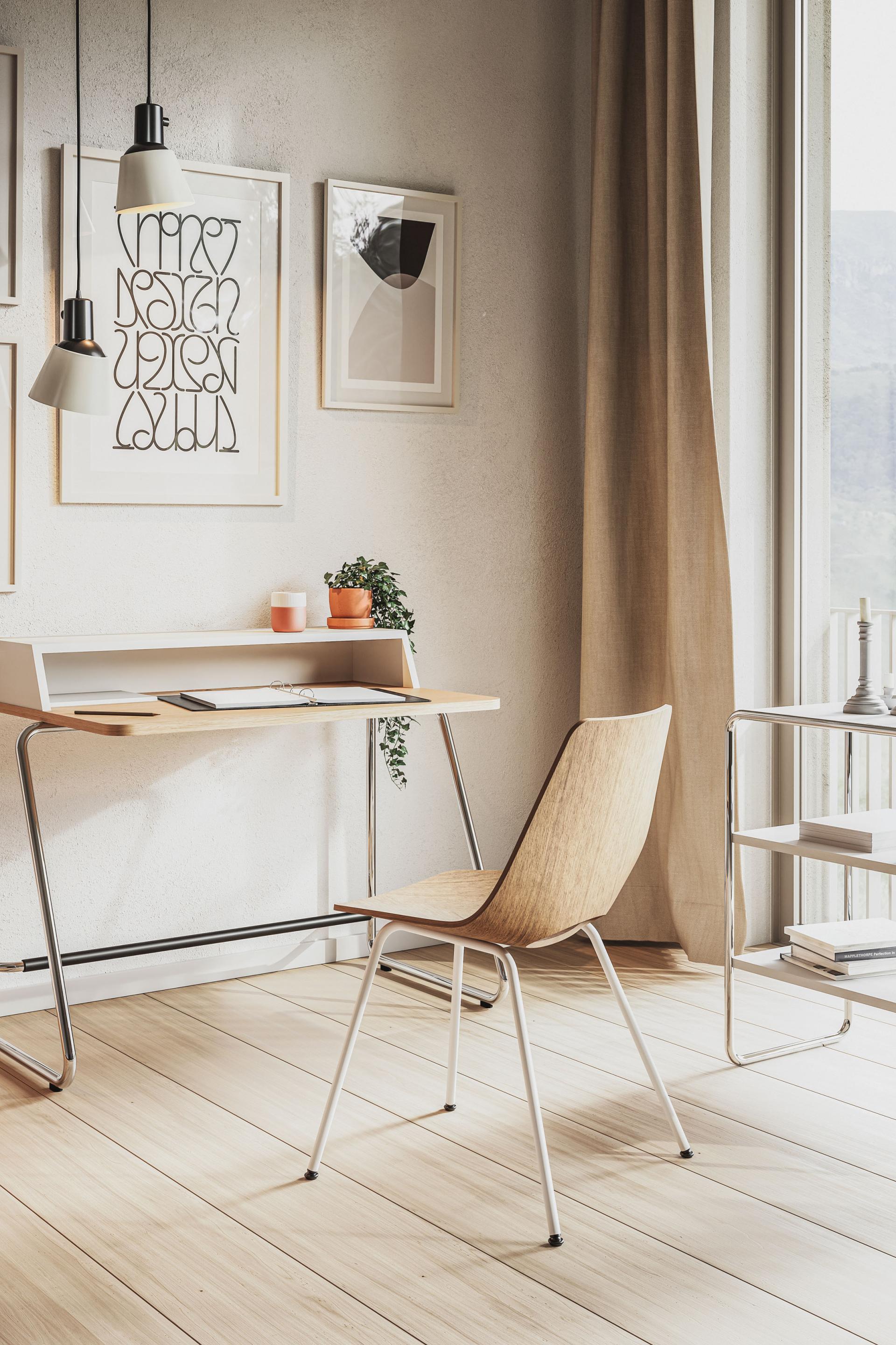 Triennale S 661 chair beside a minimalist desk in a stylish, modern interior, highlighting organic design aesthetics.