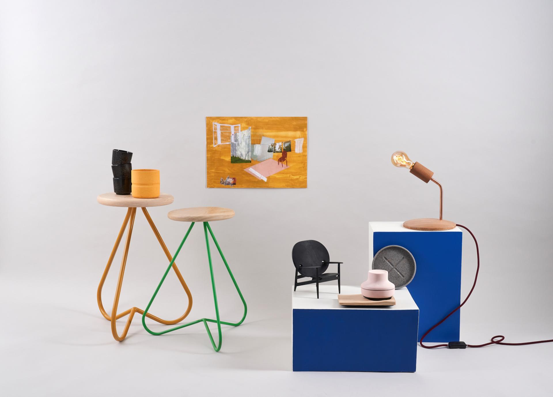 Colorful furniture pieces and modern decor highlighted at New Designers 2019, showcasing innovative design talent.