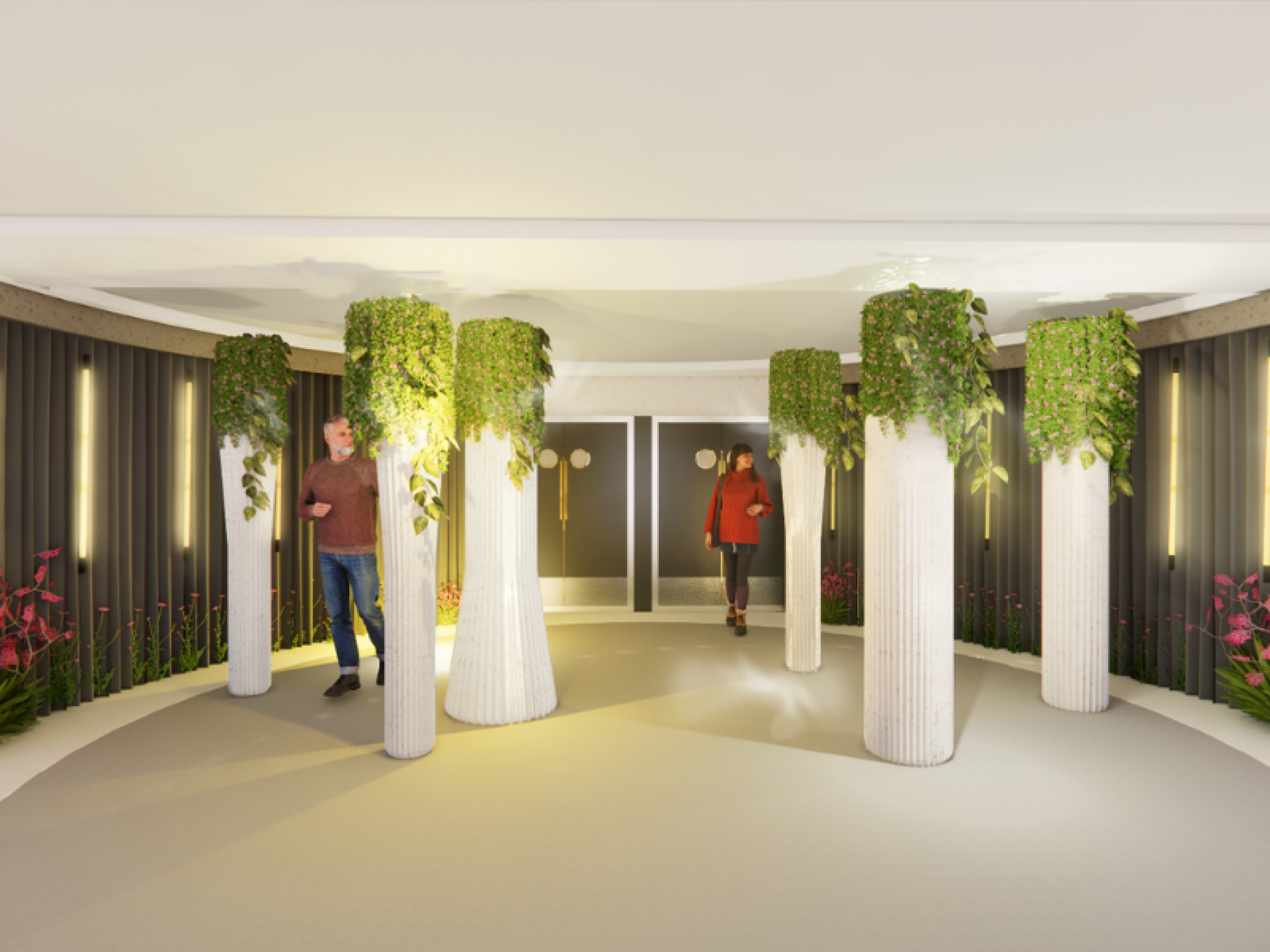 Innovative workplace design featuring biophilic elements, with individuals engaging in a lush, nature-inspired environment.