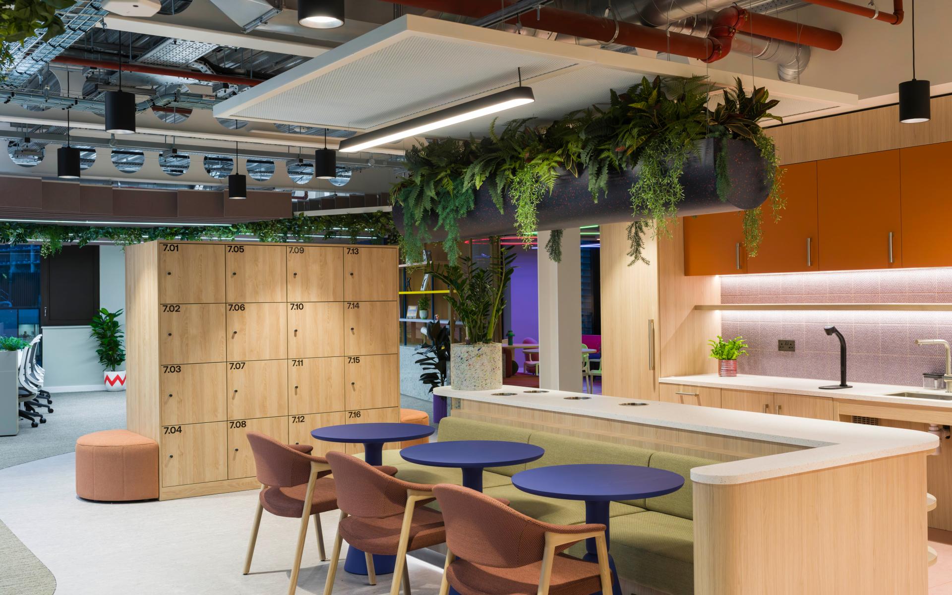 SpaceInvader's workplace scheme for Virgin Media O2 balances vibrancy with variety to support congregation and calm.