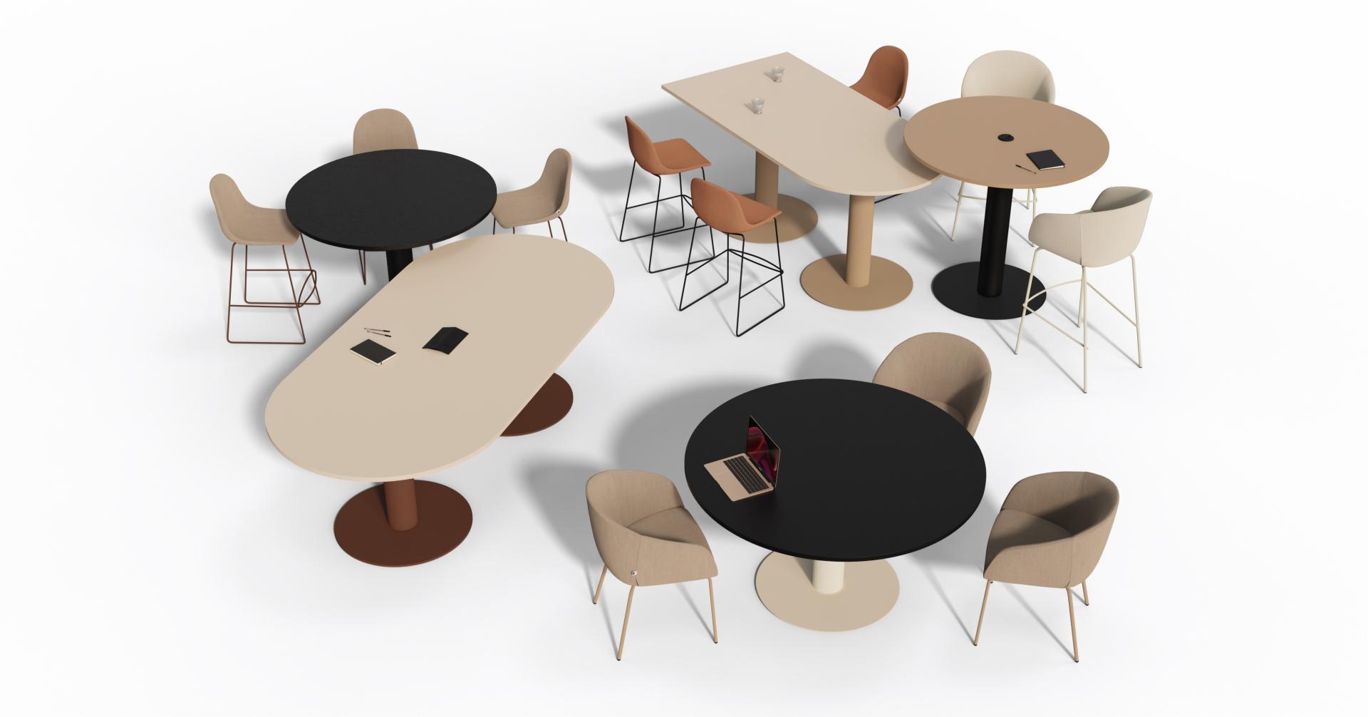 Stylish collection of Betto tables in various shapes and colors, designed for socializing and collaboration.