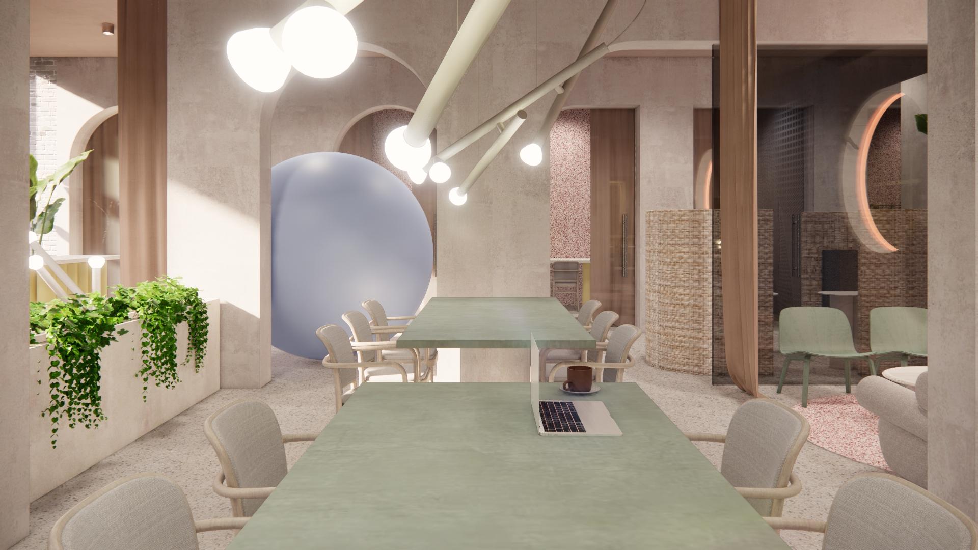 Modern co-living space designed by MONIKA Studio, featuring collaborative work areas, greenery, and unique decor elements.