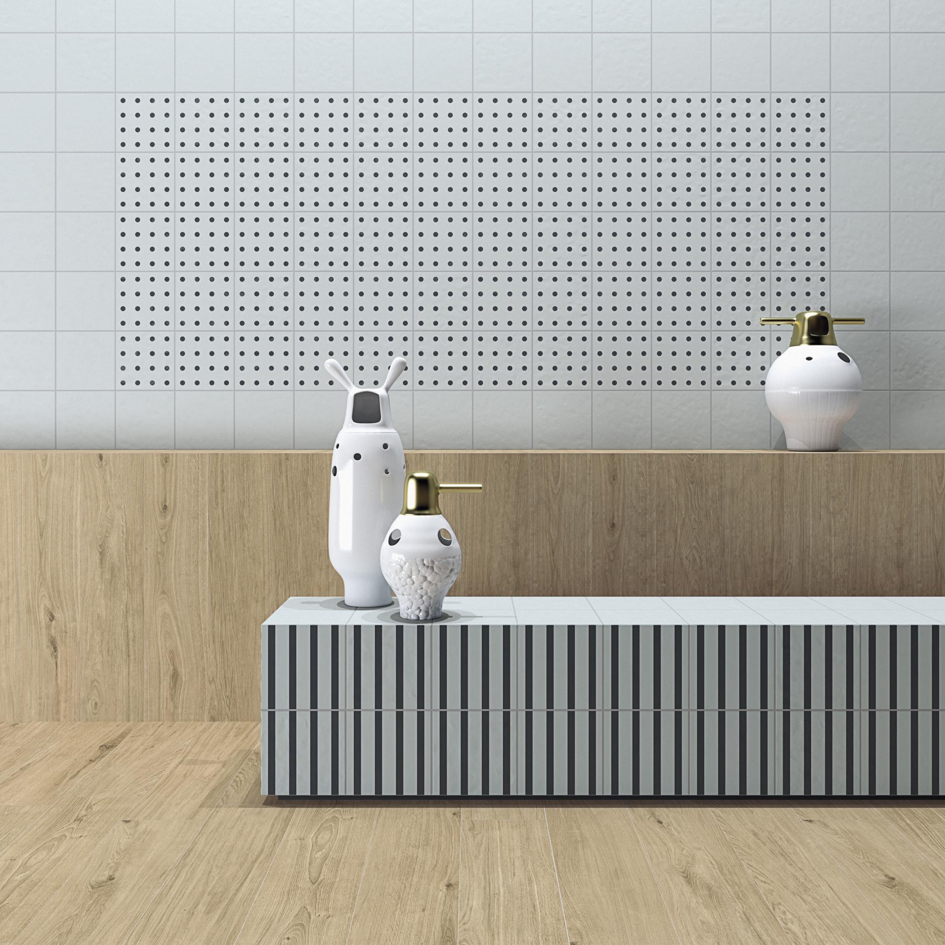 Modern bathroom design featuring innovative ceramic tiles, wooden accents, and decorative accessories for a fresh aesthetic.