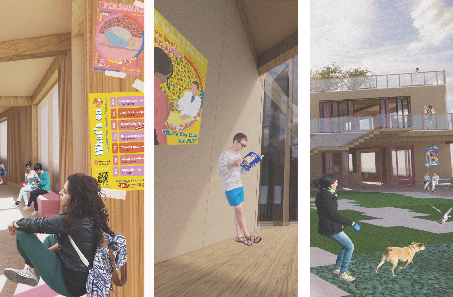 Graduate design showcase featuring interactive exhibits, diverse attendees, and community engagement in a contemporary space.